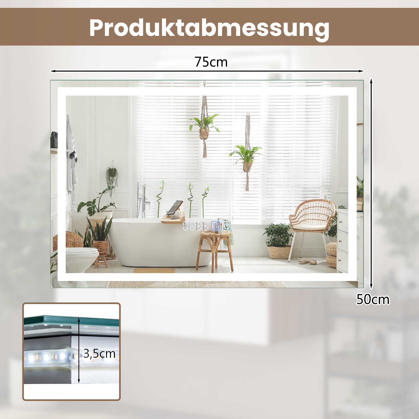 COSTWAY Lustro łazienkowe z oświetleniem, 75 x 50 cm, z funkcją ściemniania, 3000-6000 K, z zegarem, włącznikiem dotykowym i funkcją pamięci, prostokątne