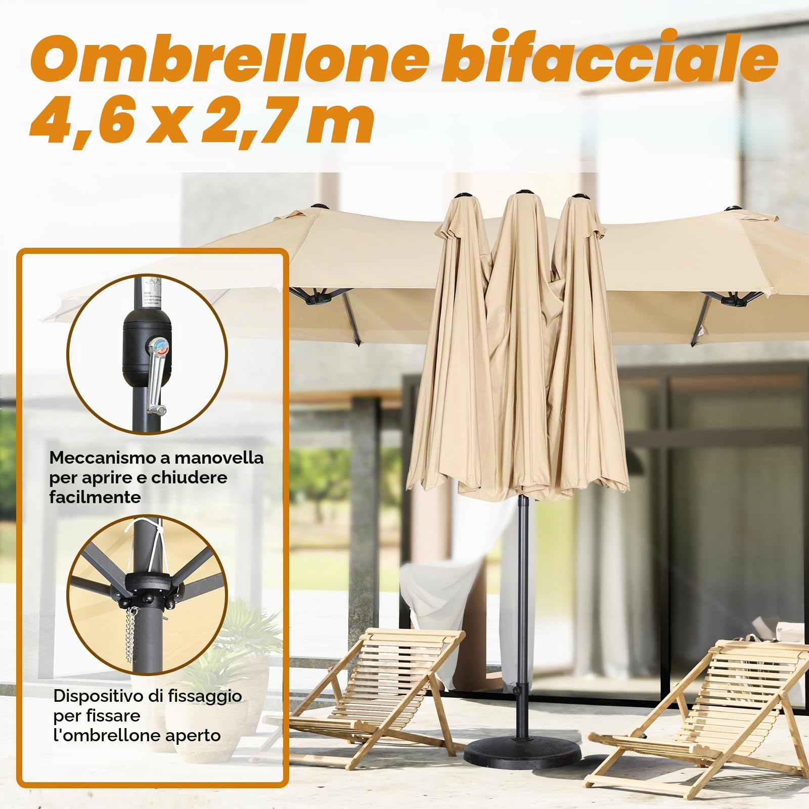 Angel Living Ombrellone da Giardino Doppio, Parasole in Tessuto di Poliestere, Ombrellone Gigante per Giardino, Patio e Terraza, Protezione Solare UV, 4.6 x 2.7 x 2.4 m (Beige)