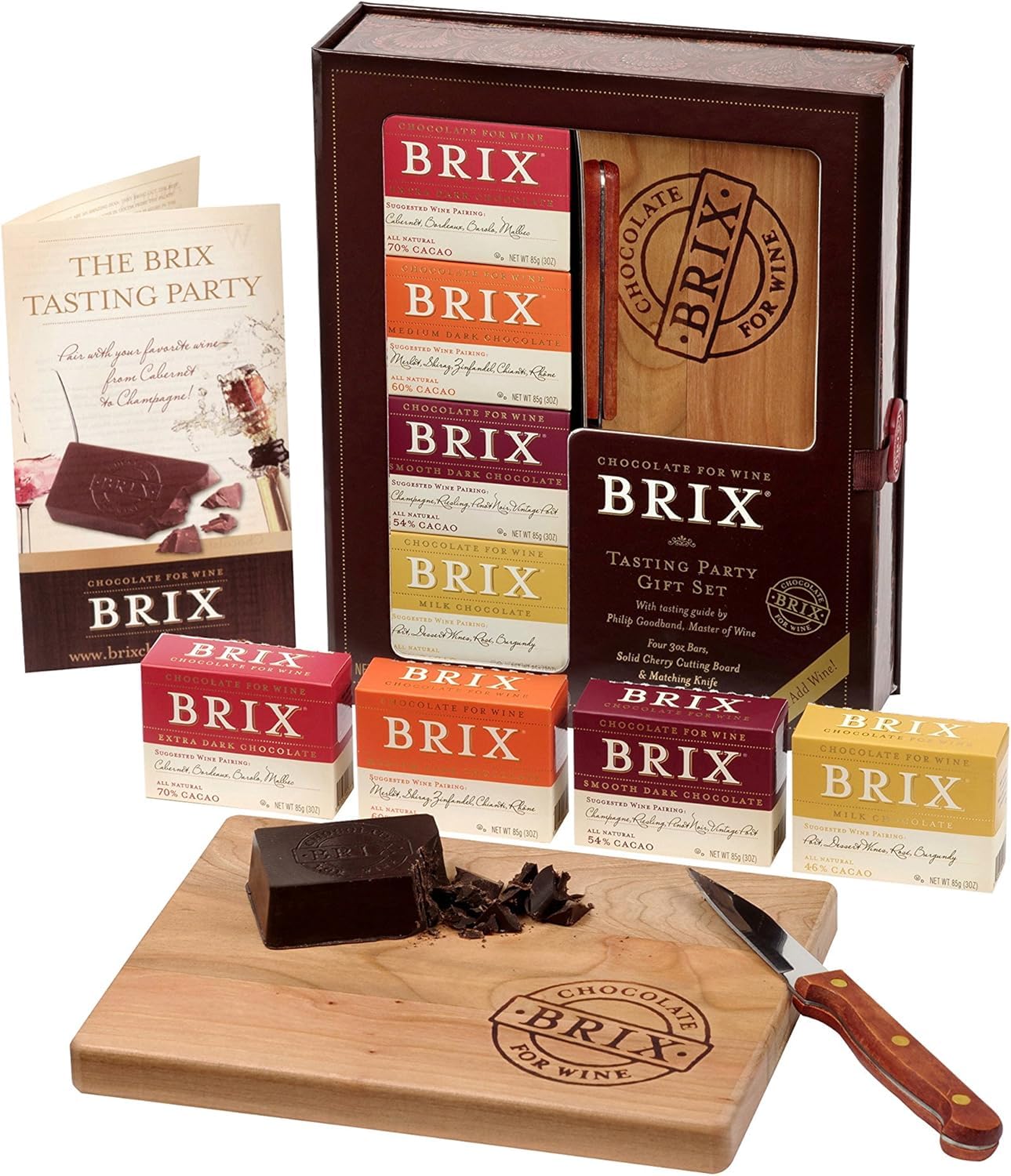 Brix Chocolate For Wine Gift Set with Variesty 4 Pack 3oz Brix Bars Knife and Cutting Board