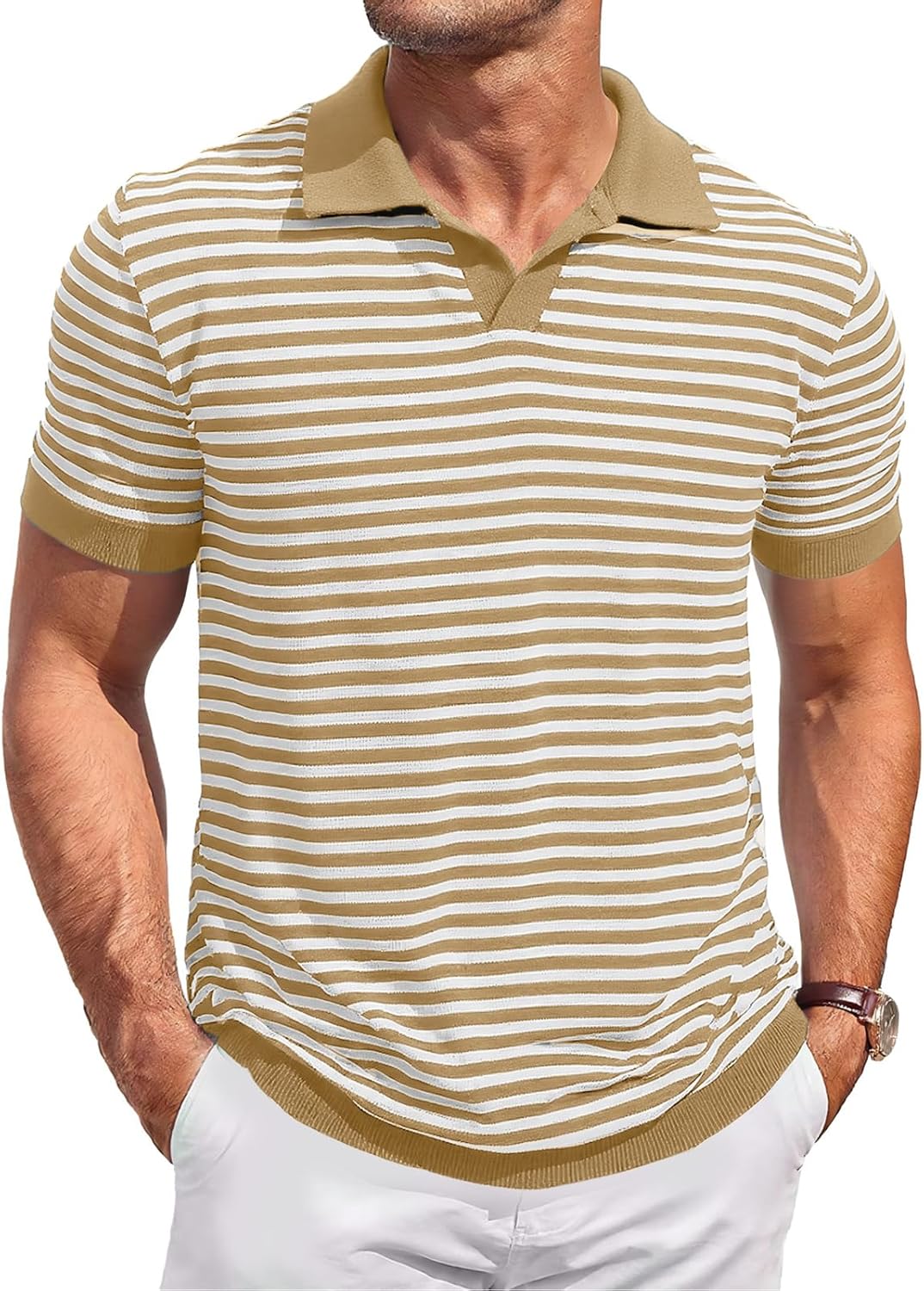 Runcati Mens Knit Polo Shirts Short Sleeve Striped V Neck Golf Shirt Classic Casual Summer Tops