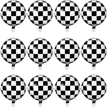 Checkerboard Balloon 12 Pcs Aluminum Foil Black White Checkered Balloon for Racing Themed Party Decoration Supply, 18 Inches