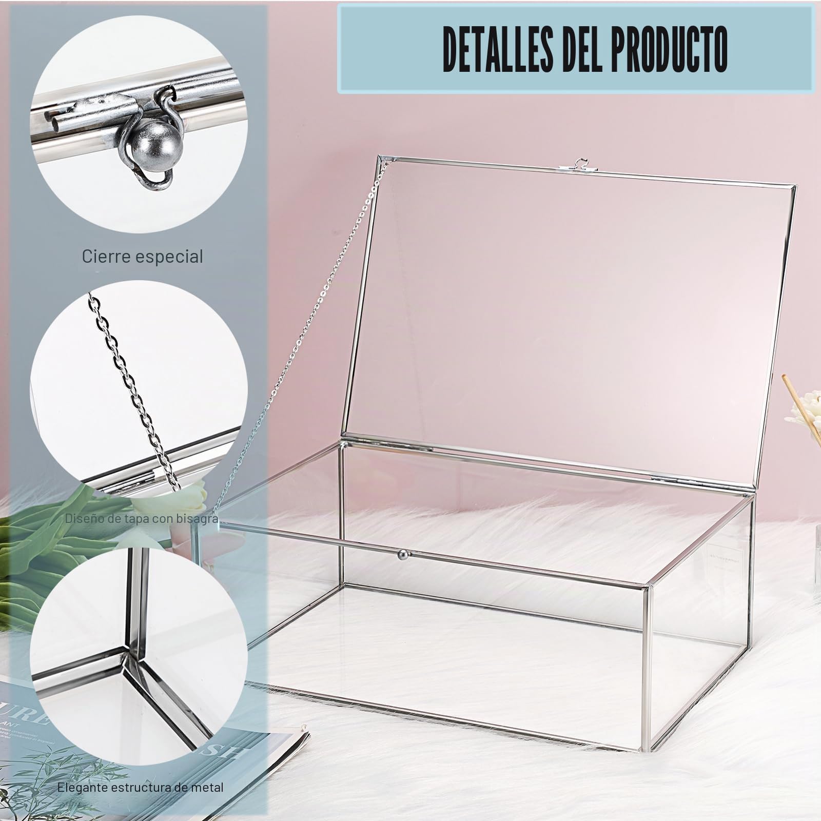 Caja de vidrio vintage extra grande con tapa - caja de joyería rectangular, vitrina de mesa de vidrio para anillos, pulseras, collares, caja de almacenamiento de vidrio (plata)