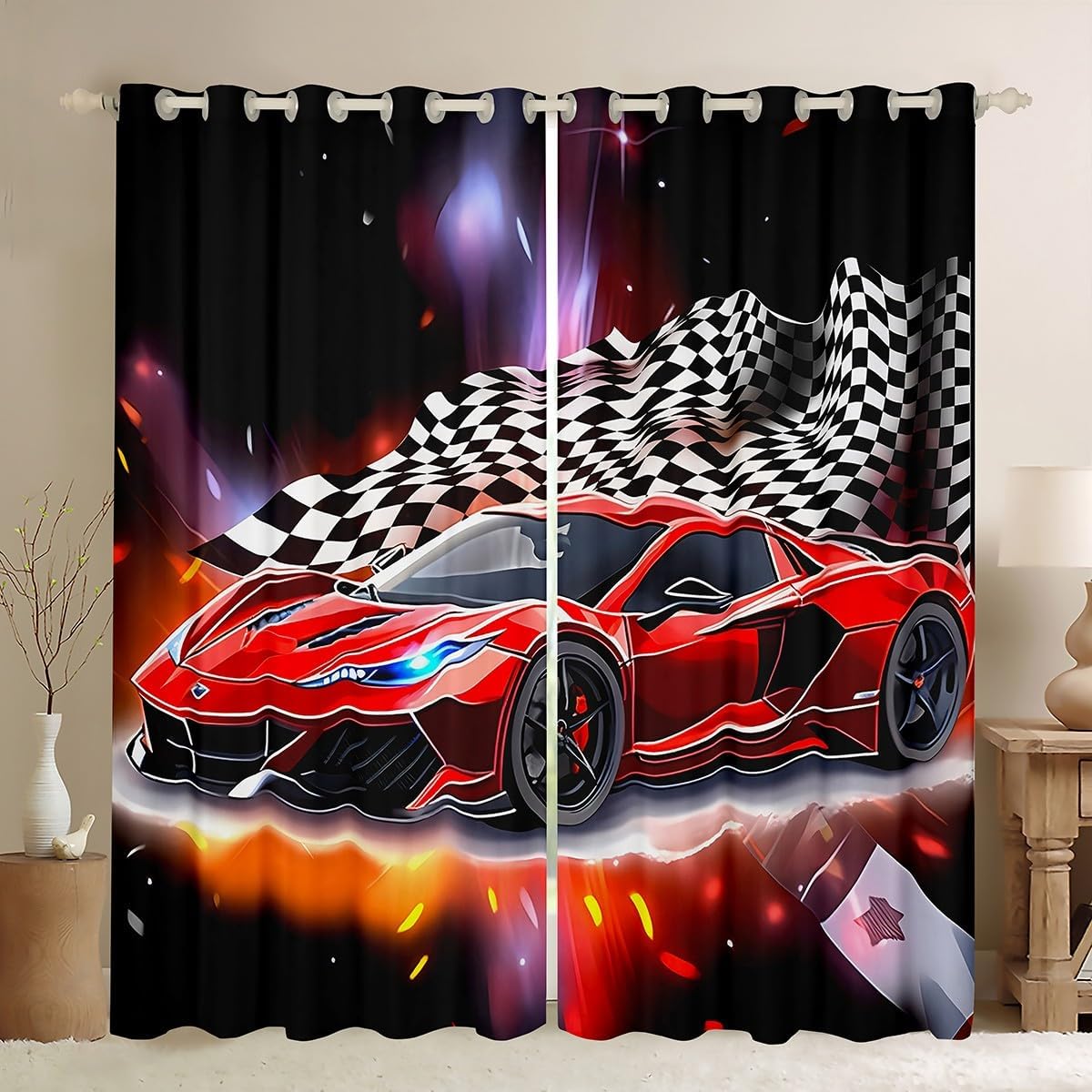 Speed Sports Car Curtains Extreme Sports Window Curtains for Bedroom Living Room for Kids Decor Red Window Drapes Microfiber Checkerboard Window Treatments Bedroom Bedclothes 42W X 63L,2 Panels