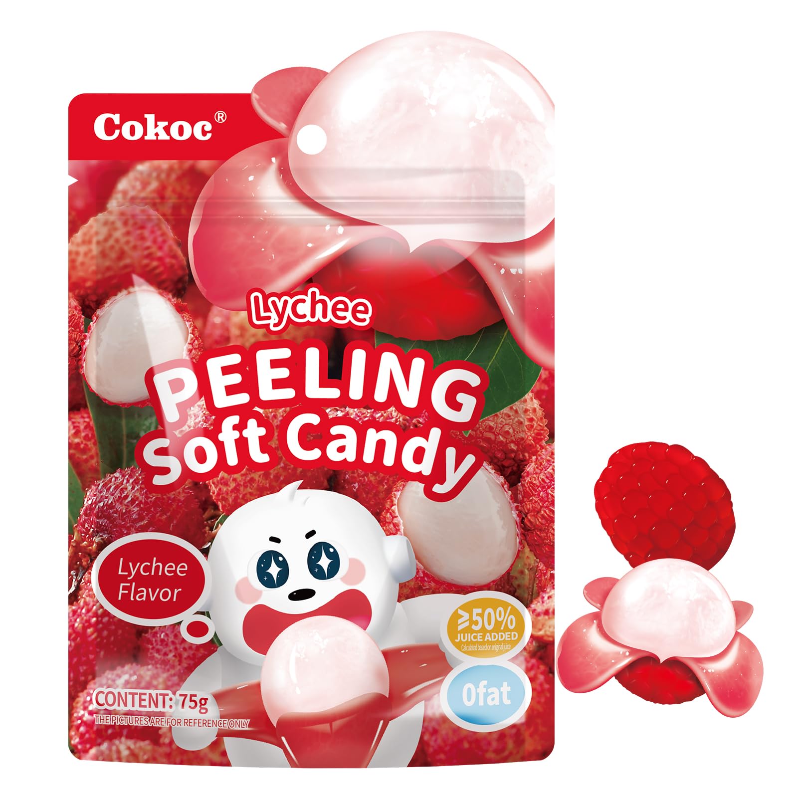 COKOC Peelable Gummies Lychee,Peeling Gummies Lychee Candy, Peelable Fruit-Shaped Candy Individual Packs 2.64oz Bag,Fun Peeling Gummy Snack Made with Real Juice(Pack of 3)