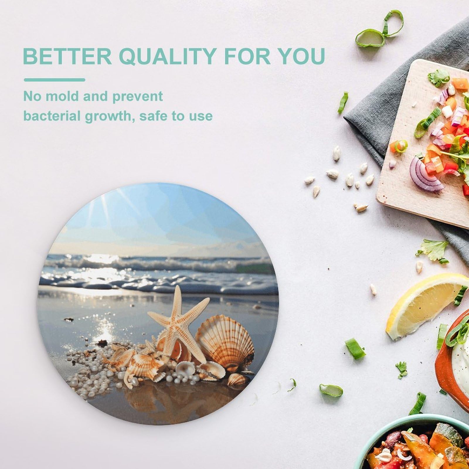 Seashells on The Beach - Tabla de cortar redonda fácil de limpiar, tablas de cortar para cocina, tamaño grande 7.9, tablas de cortar esenciales de cocina, convenientes para carne y verduras
