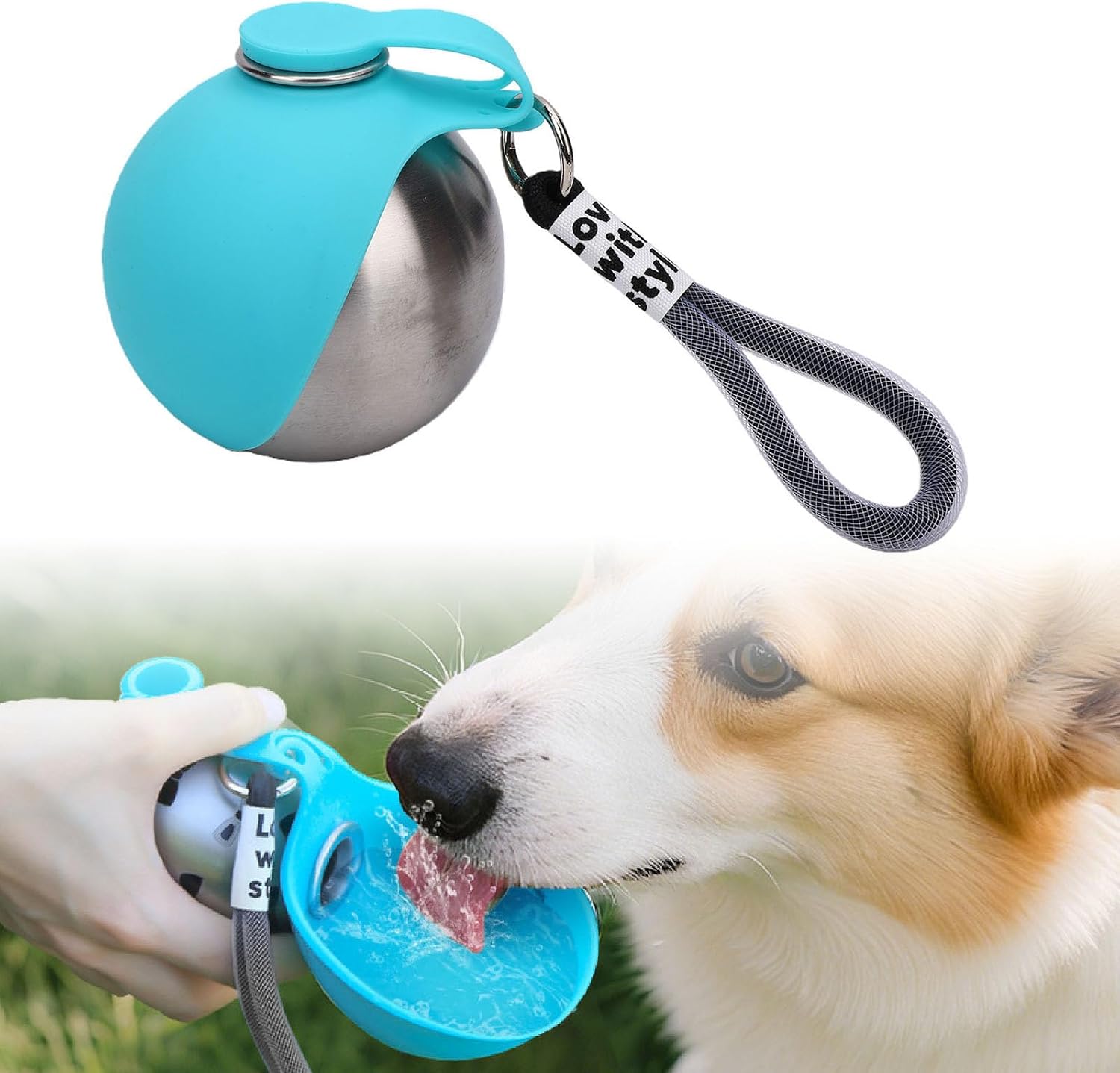 Qinlorgo 2 in 1 Portable Dog Water Bottle, 304 Travel Bowls with Foldable Silicone Bowl Leak Proof Spherical Design Clip & Lanyard Pet Water Bottle for Walking Hiking Small Do