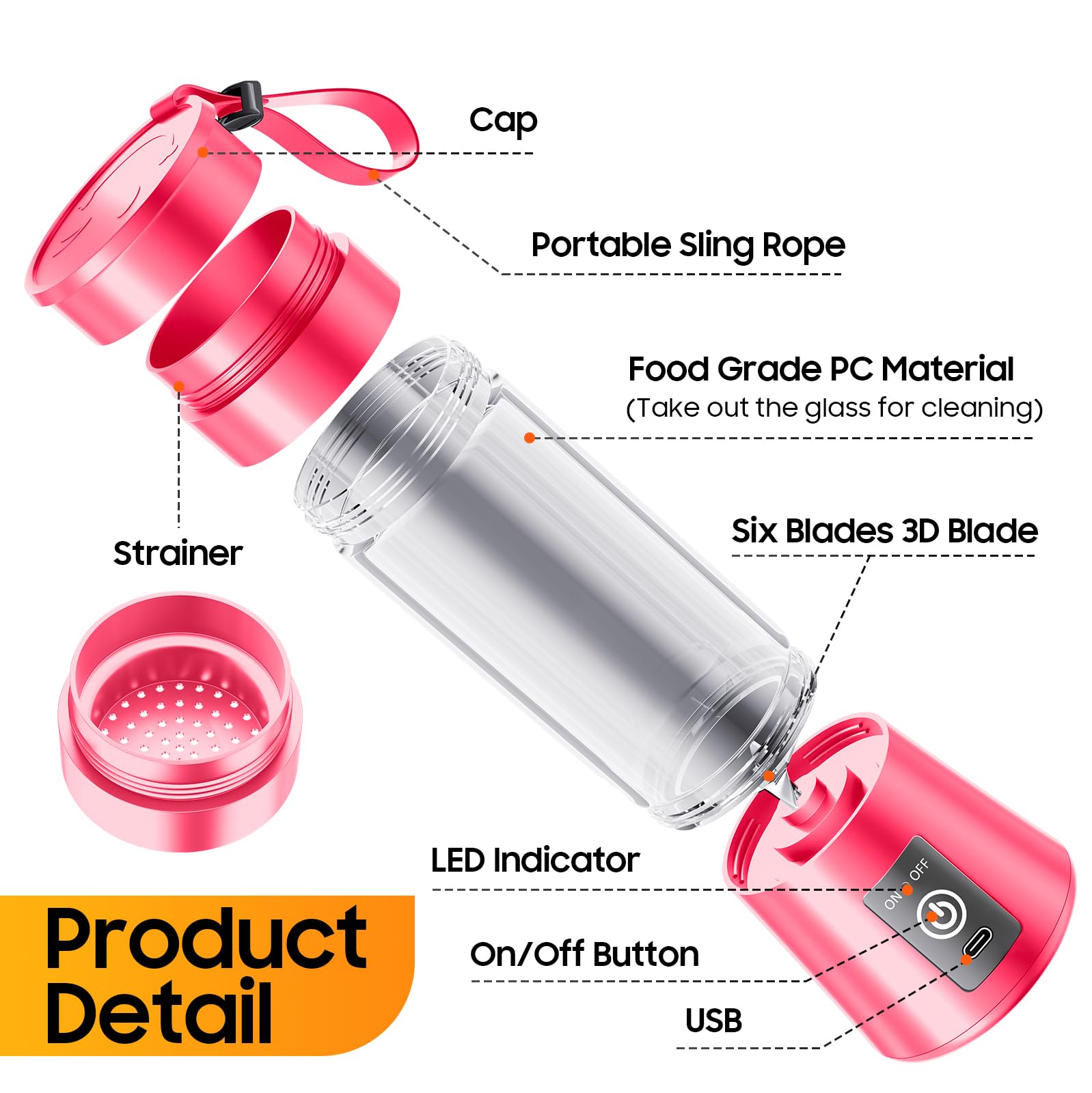 Frullatore portatile senza fili di dimensioni personali, mini frullatore per frullati e frullati, tazza da viaggio senza BPA da 380 ml, potente vestito per miscelare in ufficio/casa/palestra, festa