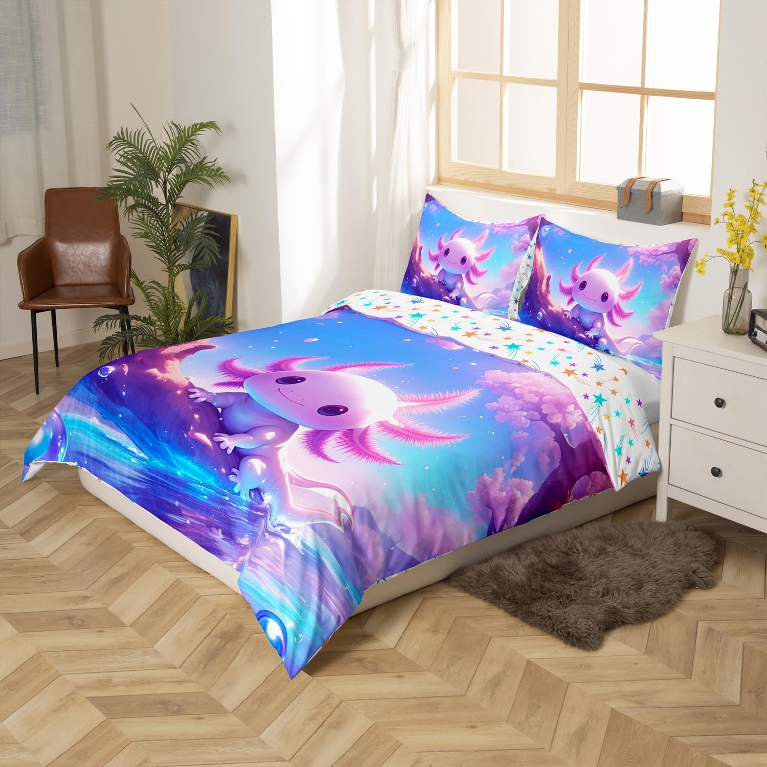 Homemissing Kids Cute Axolotl Bedding Set Single Size Cartoon Salamander Comforter Cover Set for Boys Girls Kawaii Ocean Sealife Duvet Cover Bedspread Cover Room Decor Quilt Cover,No Stuffing - Image 3
