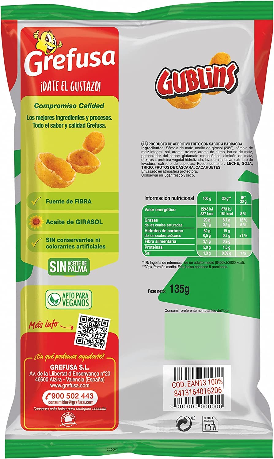 Grefusa - Snack Gublins sabor barbacoa, caja de 25 unidades de 135g