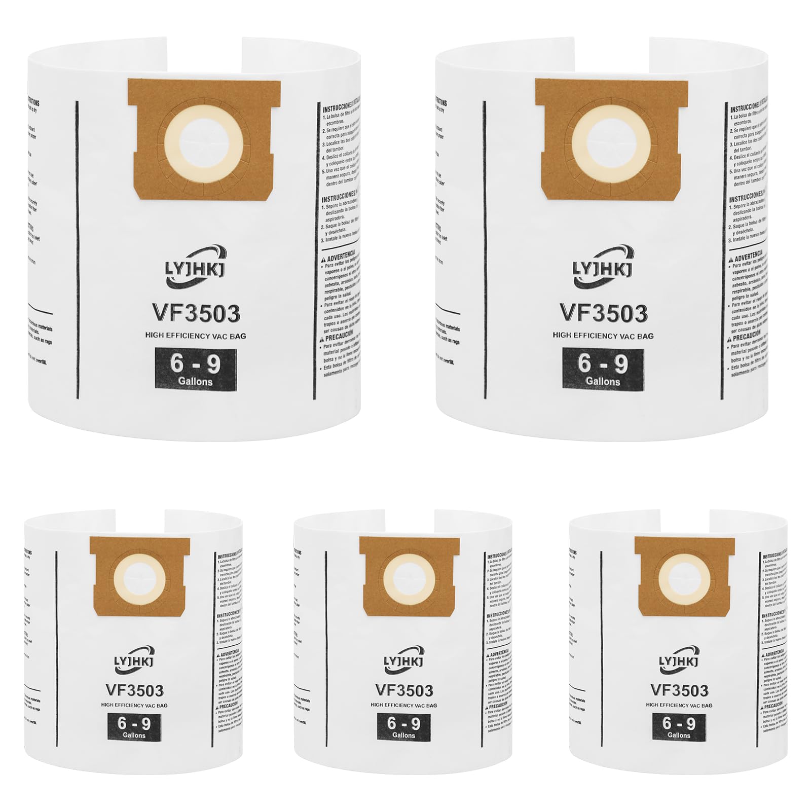 5 Pack VF3503 Repalcement Shop Vac Filter Bags Compatible with Ridgid 6-9 Gallon Wet/Dry Vacs, Size B High-Efficiency Double-Layer Vacuum Filter Bags