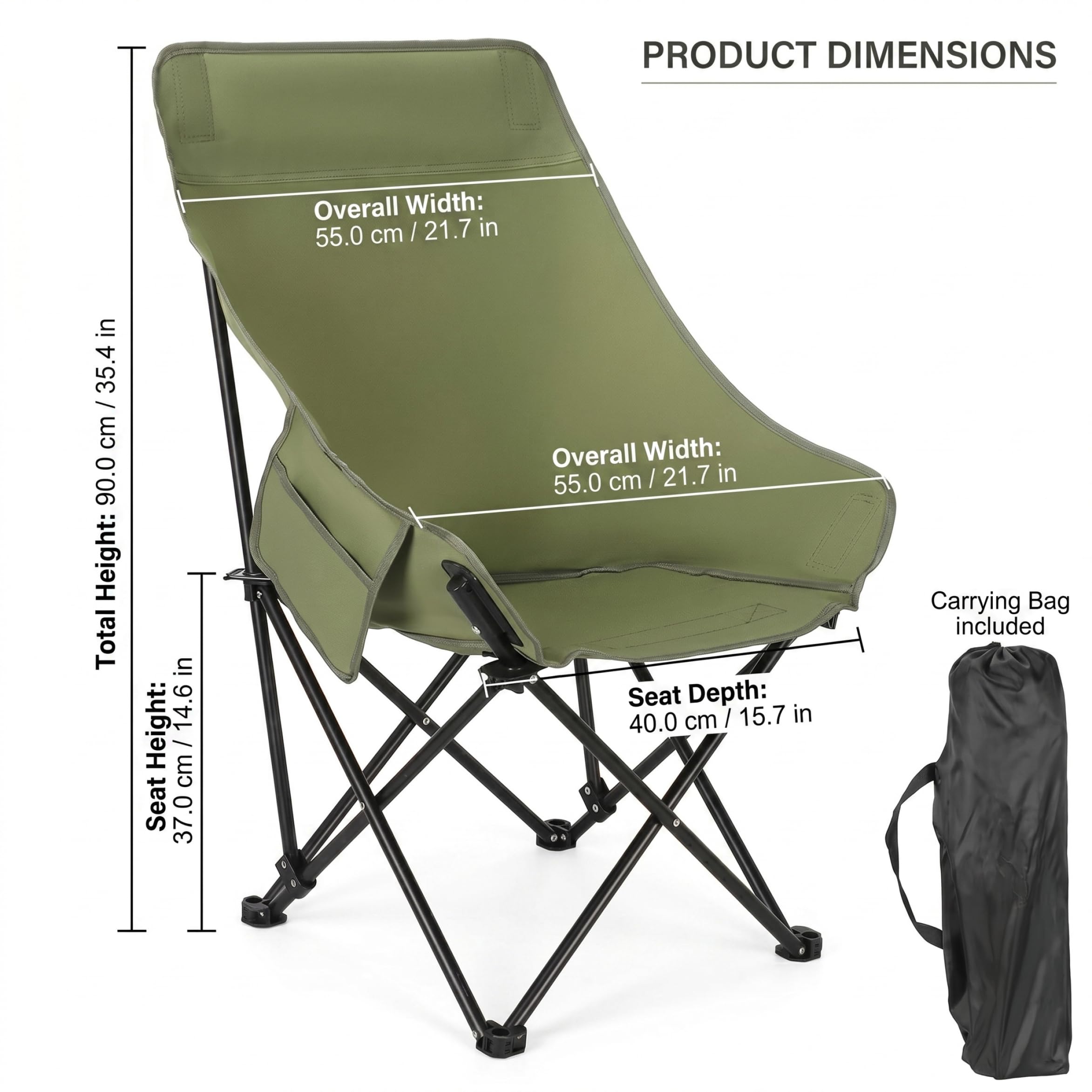 Silla de Camping con Respaldo Alto, Plegable y portátil, Verde, Talla única..