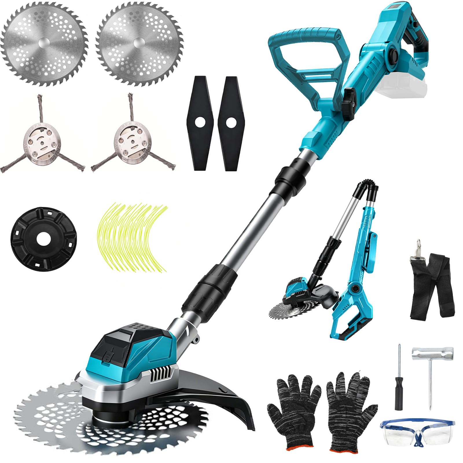 Decespugliatore a Batteria compatibile con Makita 18 V, Tagliabordi a Batteria Elettrico Brushlesse, con 4 Tipi di Lame Tagliaerba senza Fili, Maniglia Telescopica, Decespugliatori da Prato