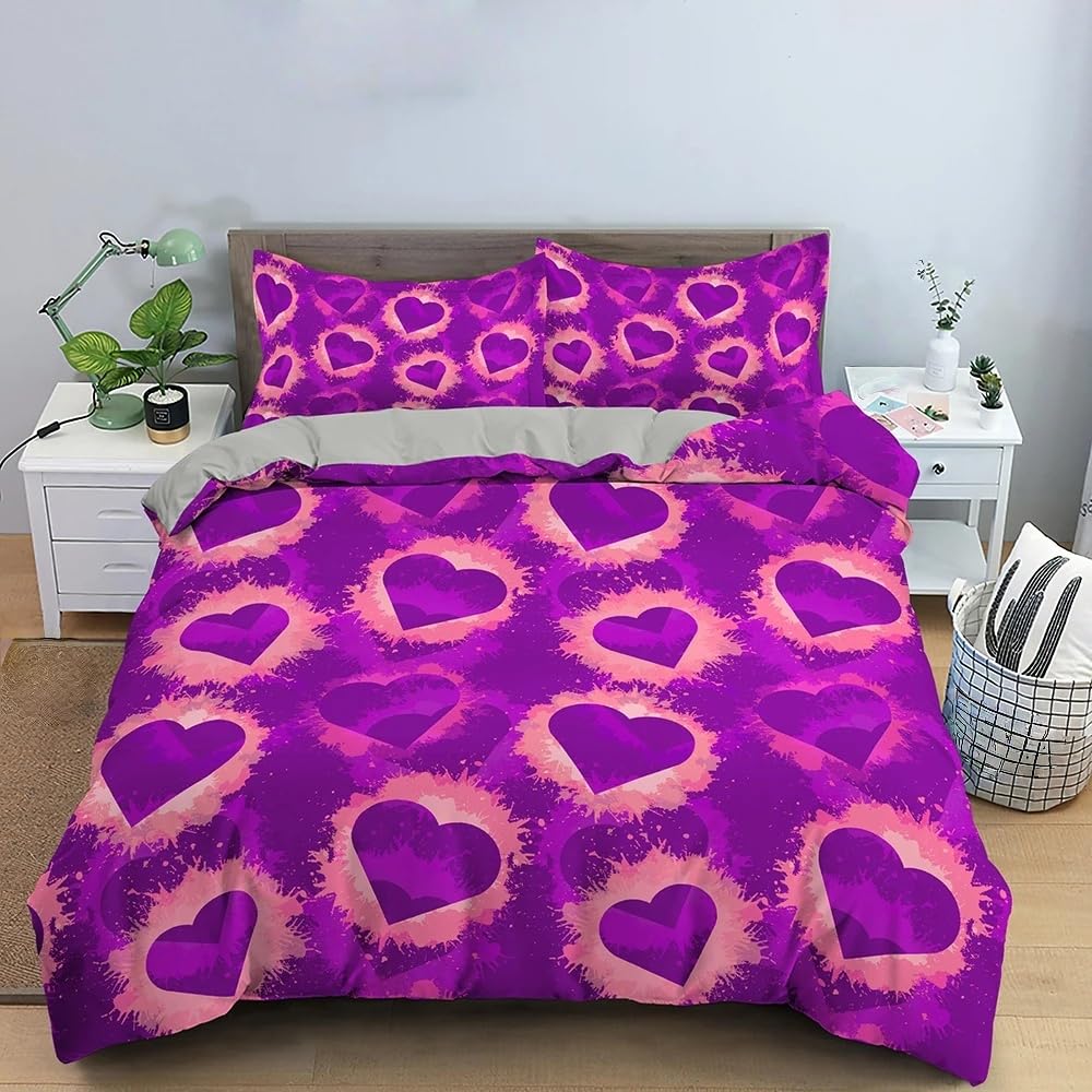 Housse de couette 200x200 cœur violet en microfibre douce avec fermeture éclair pour lit 2 places