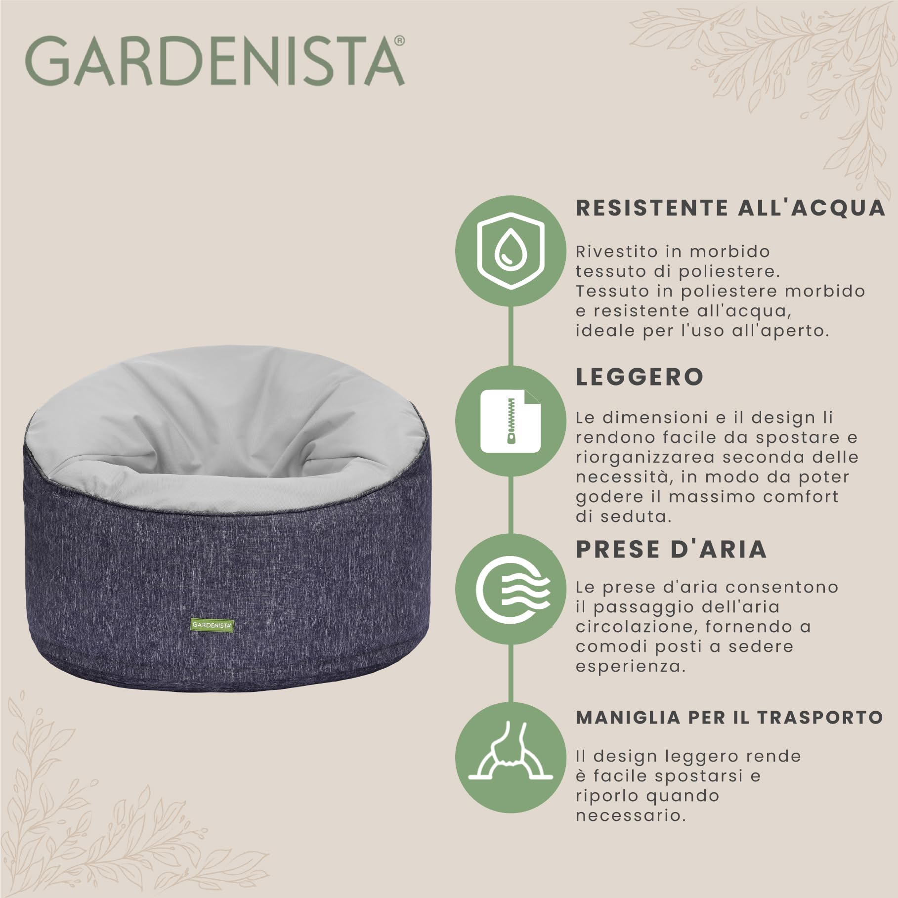 Gardenista Pouf Rotondo 60x90cm, Interno/Esterno Bean Bag Poltrone per Adulti, Resistente all'acqua Pouffe a Sacco con Riempimento Perle EPS, Pouf Poltrona Sacco Soggiorno e Giardino (Grigio)