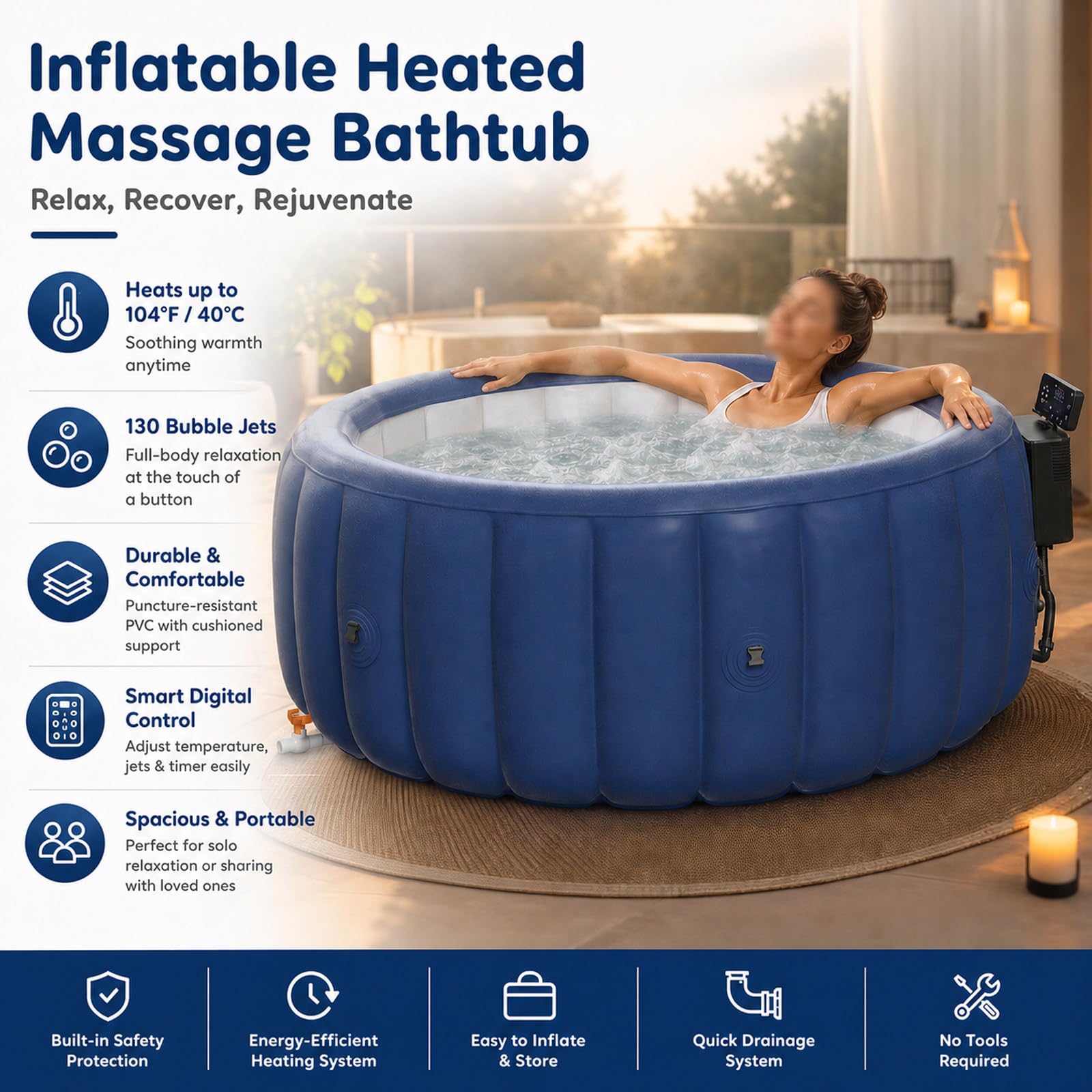 Hot Tub Gonfiabile per 2 Persone, in/Outdoor Spa, Piscina Invernale, Spa Gonfiabile Rotonda per Famiglie, Spa Relax da Esterno con di filtrazione e circolazione