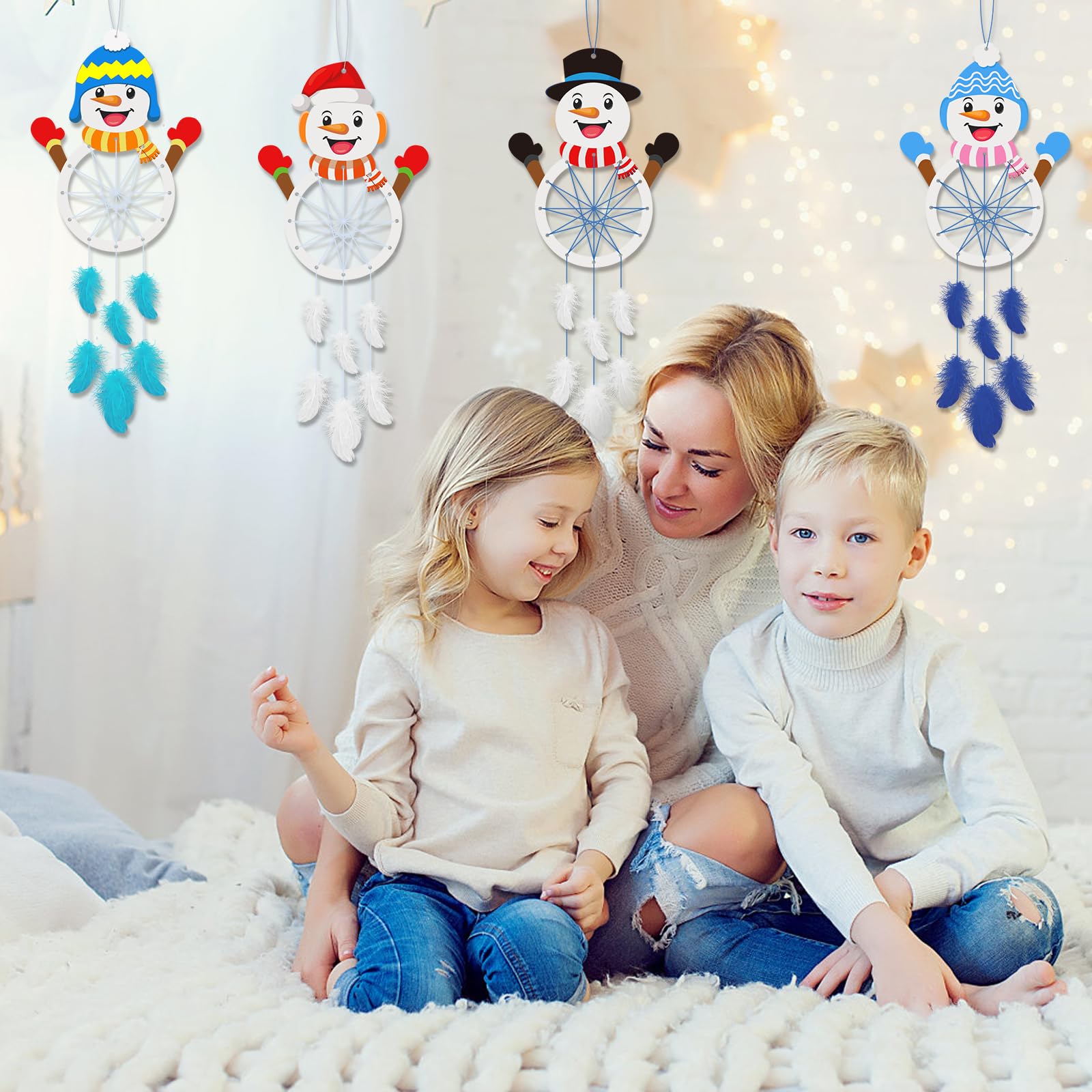Schneemann Traumfänger Bastelset – 6 Stück, Mit Wolle, Federn, Farben & Aufklebern, Weihnachtsbasteln Für Kinder