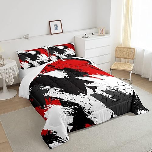 Miniatura 4 de Juego de edredón hexagonal, juego de ropa de cama de camuflaje negro y rojo, diseño geométrico abstracto de panal de abeja, estilo militar, campaña