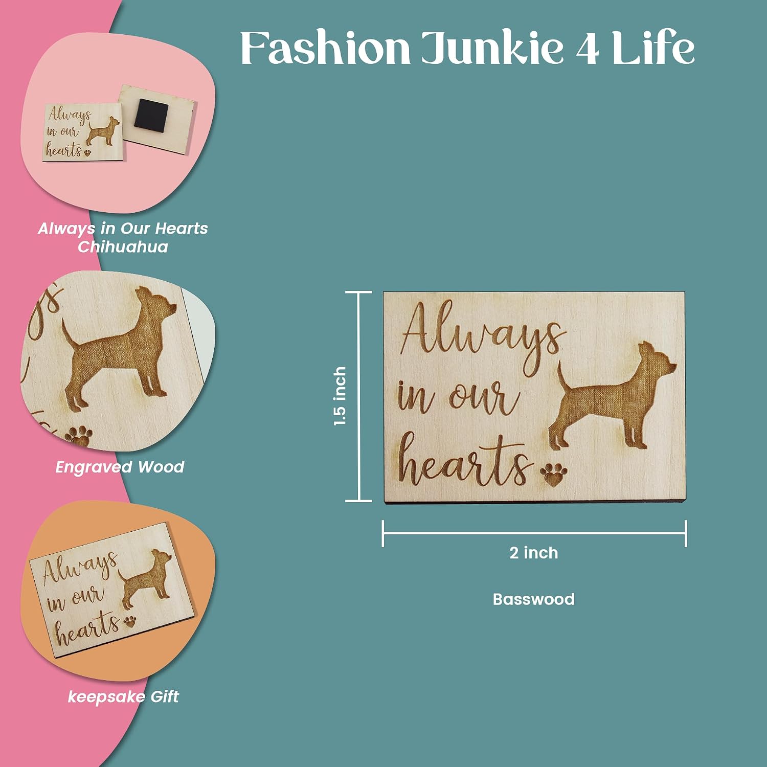 Always in Our Hearts with Chihuahua Dog - Memorial Refrigerator Magnet, Engraved Wood 2" x 1.5" Keepsake Gift image 2