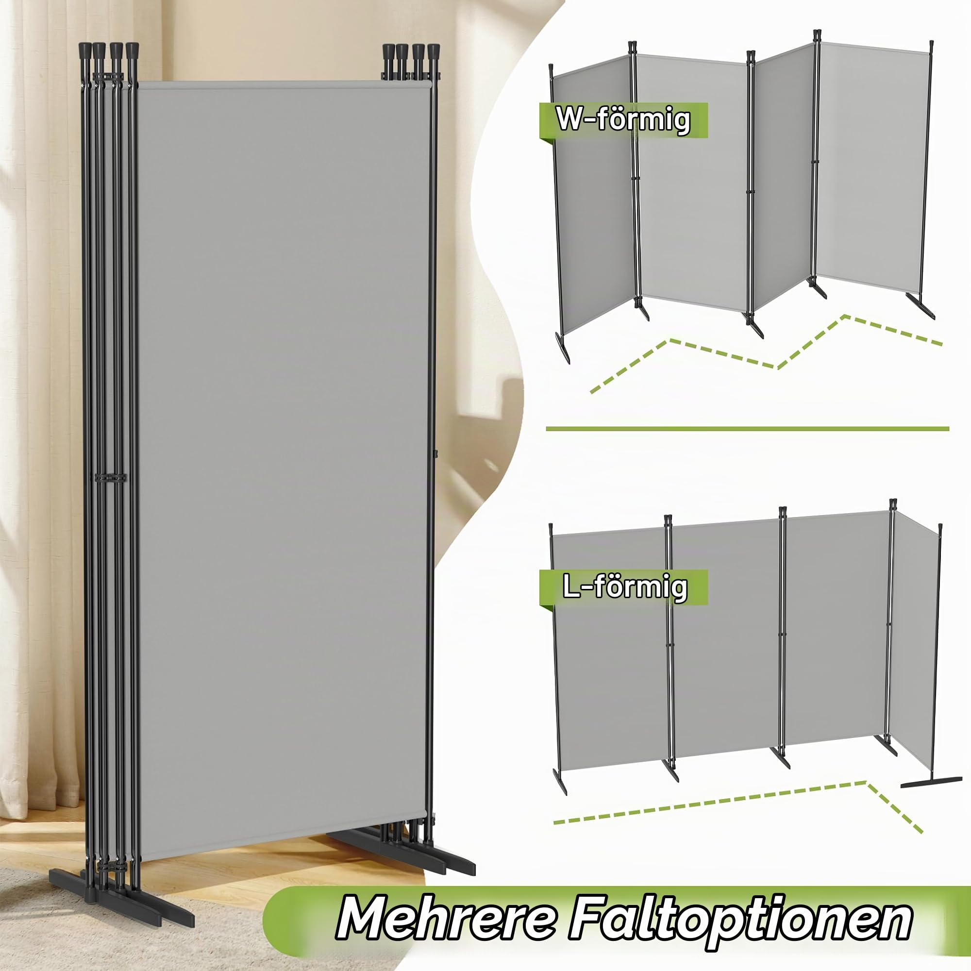 UISEBRT Paravent Outdoor wetterfest mit Heringen und Abspannleinen,Klappbar Freistehend Trennwand ohne Bohren,mobiler sichtschutz für Garten Balkon terrasse,4 Teilig 320 x 180 cm Hellgrau