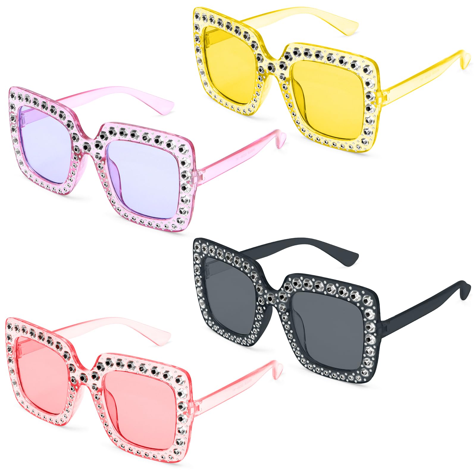 SPOKKI 4Pcs Retro Rhinestone Sunglasses, Square, 80s, Festival, Novelty Sunglasses Adult for Shopping Outings, Beach Games, Wedding Photo Shoots, Party Dress-Up