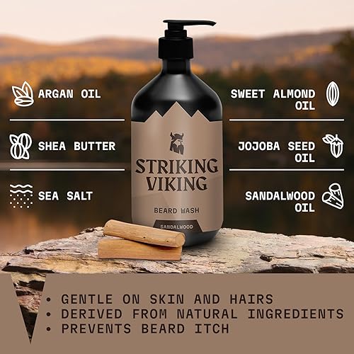 Miniatura 3 de Striking Viking Jabónchampú para barba de sándalo para hombres, 17 onzas, sin parabenos ni sulfatos, aceite de jojobal para todo tipo de barba,