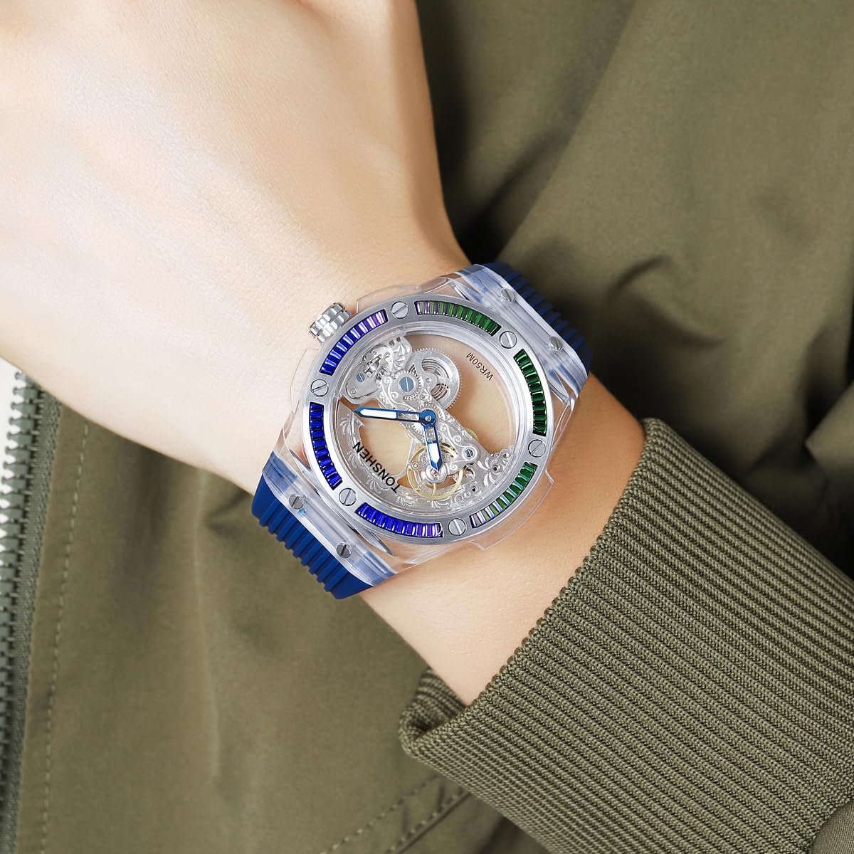 TONSHEN Fashion Acero Inoxidable Relojes da Unisex Analógico Automático Maquinaria Impermeable Reloj de Pulsera Goma Correa Hombres y Mujeres