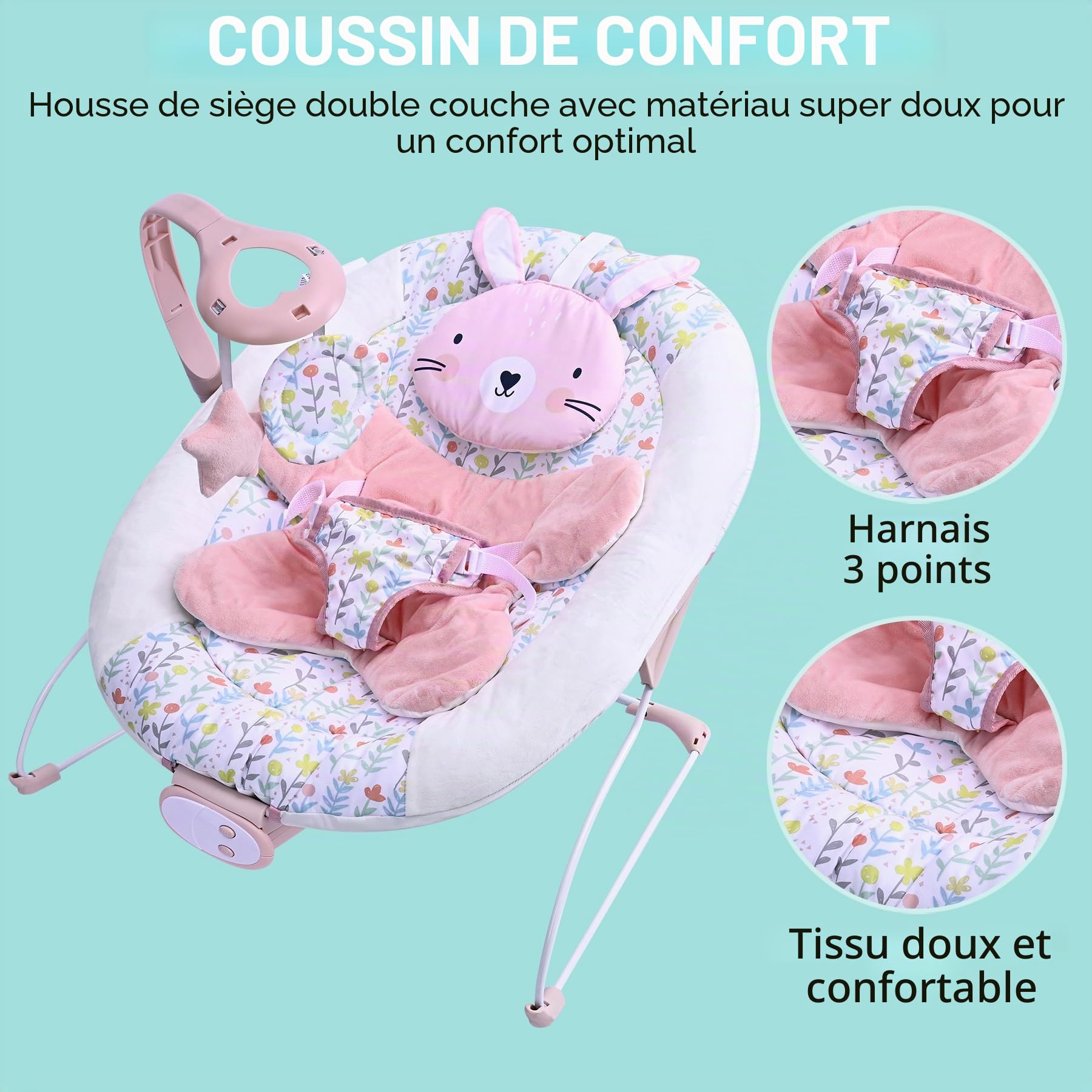 LADIDA Transat pour bébé de la naissance à 6 mois, balancelle bébé avec 3 vitesses et 8 chansons apaisantes, siège vibrant pour nourrisson avec barre de jeux amovible, portable et léger (Lapin Rose)