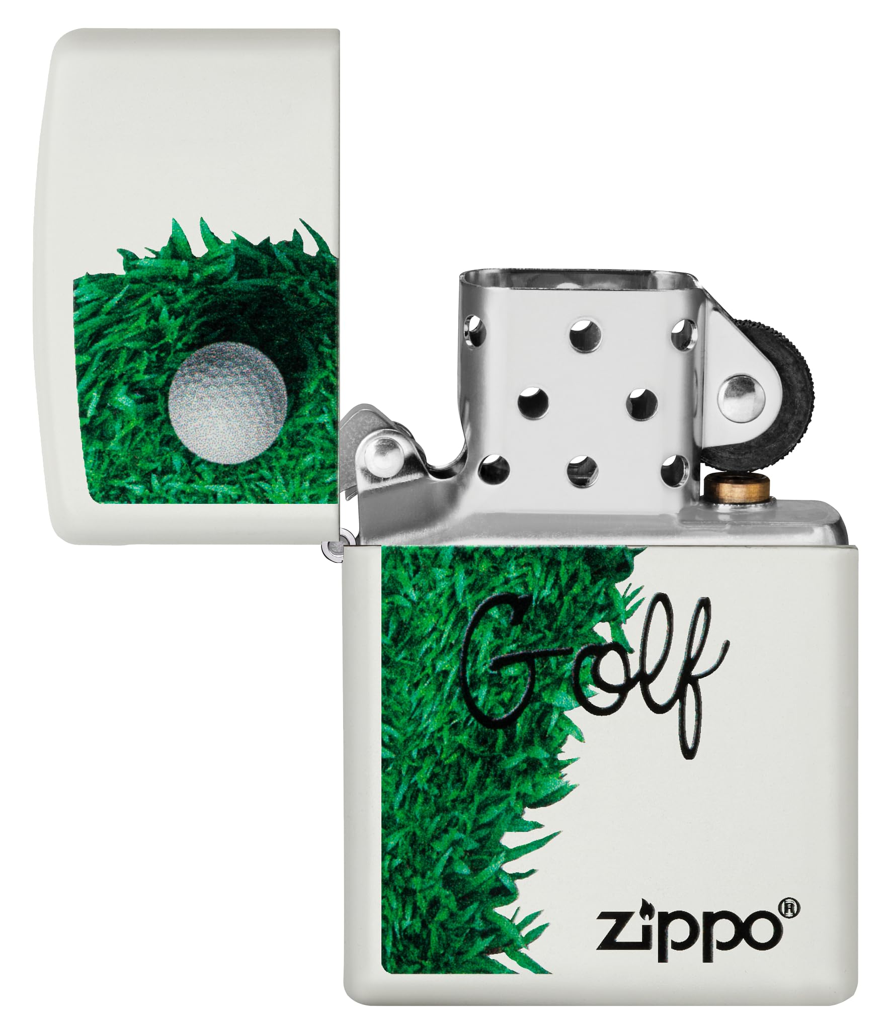Zippo - Briquet Tempête Motif Golf, Blanc Mat, Impression Color Image, Rechargeable, Réutilisable, Coupe-Vent, Coffret Cadeau, Fabriqué Aux États-Unis