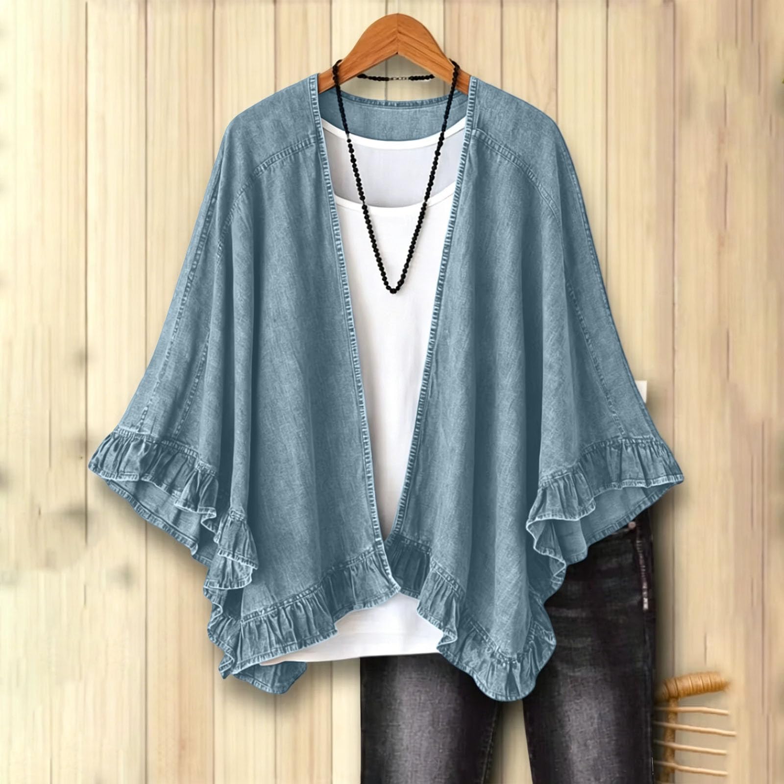 Chemise Femme Denim Légère Ouverte Manches à Volants Ample Mi-Saison Chic