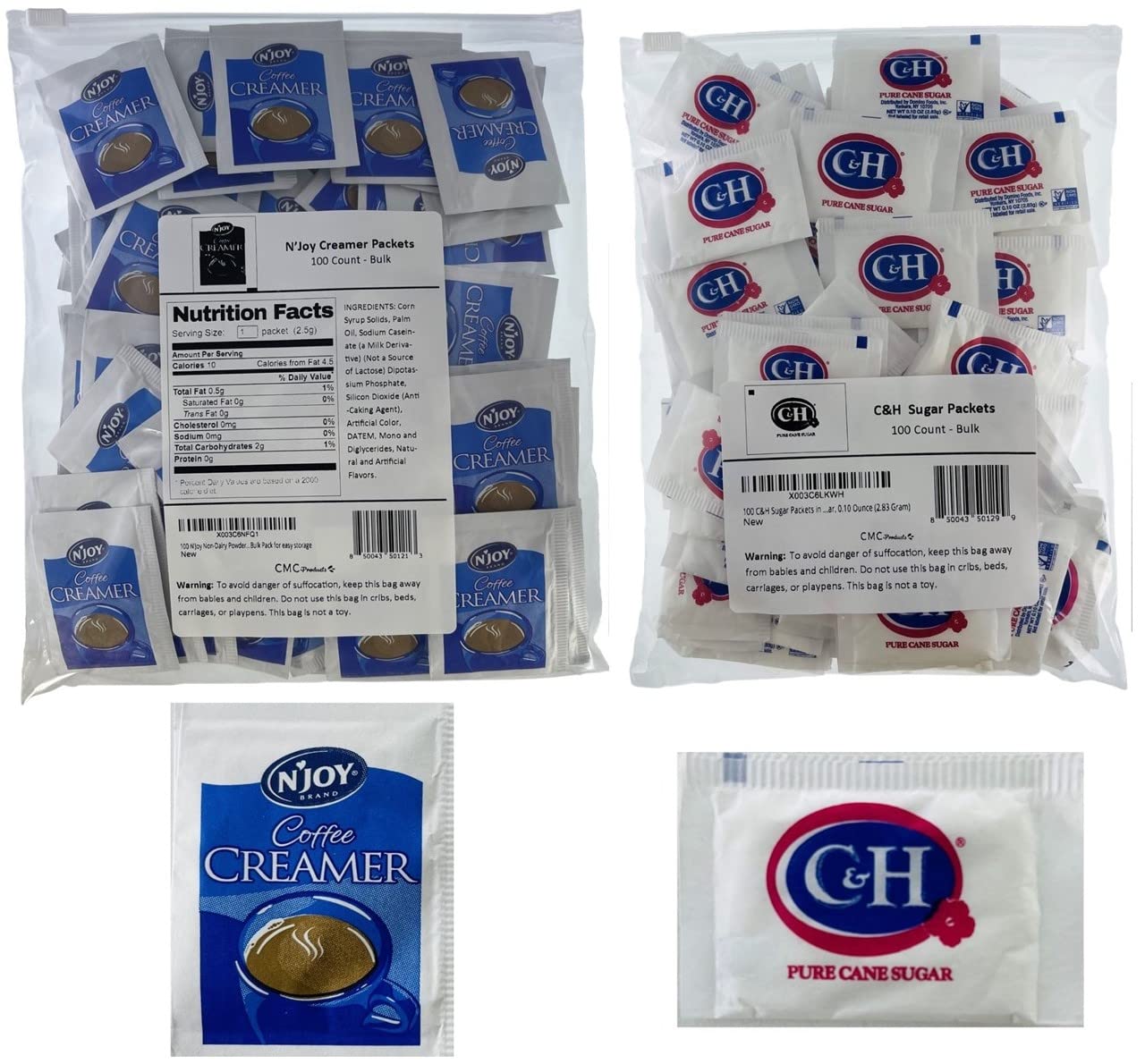 100 C&H Sugar Packets & 100 N'Joy Non-Dairy Powdered Creamer Packets in a Slide Seal Plastic Food Bag Bulk Pack for easy storage.
