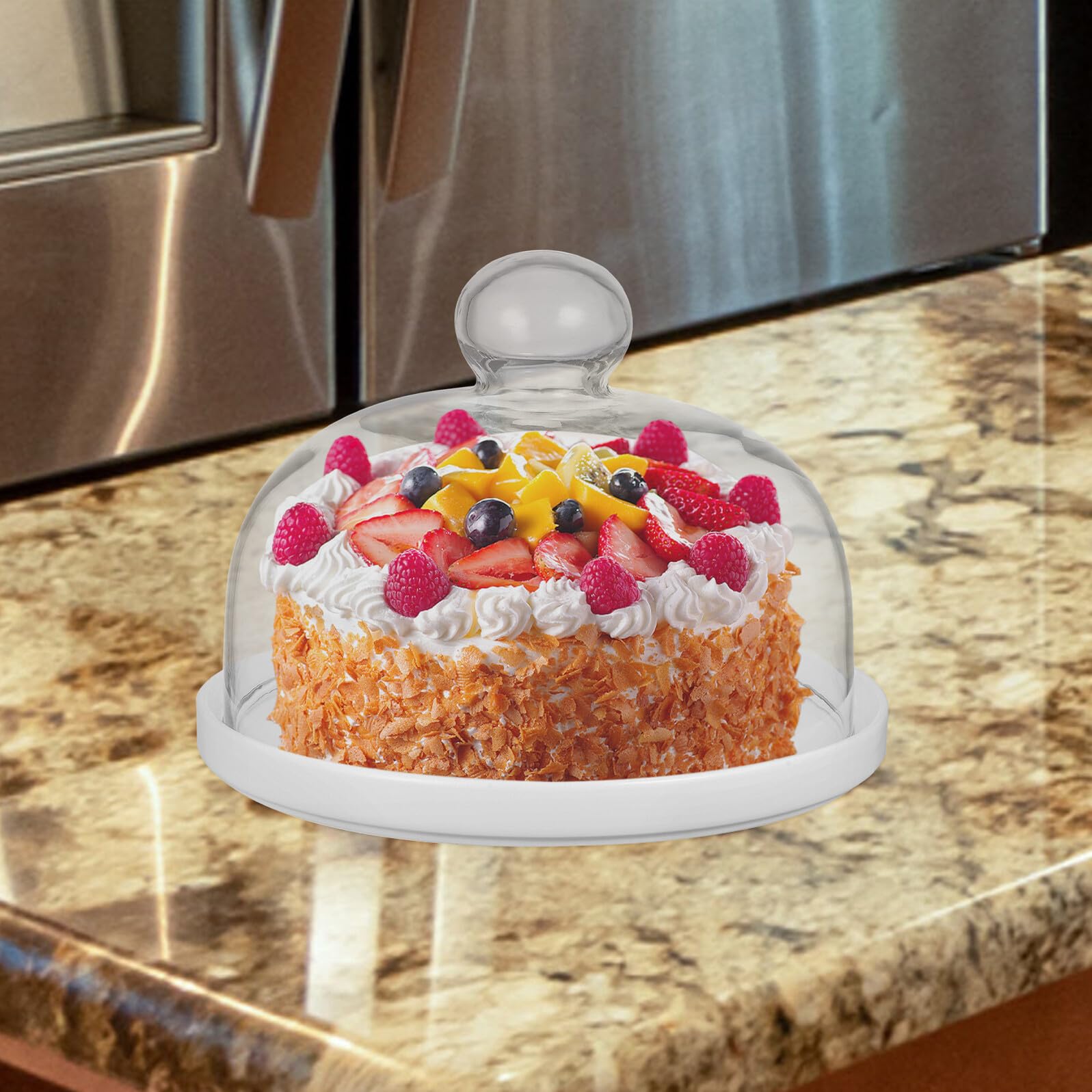 Toyvian Vassoio per Torta in Ceramica con Coperchio in Vetro Trasparente da 16 CM, Piatto da Dessert Copri-Alimenti per Feste e Uso Domestico, Stoviglie Eleganti per Cucina e