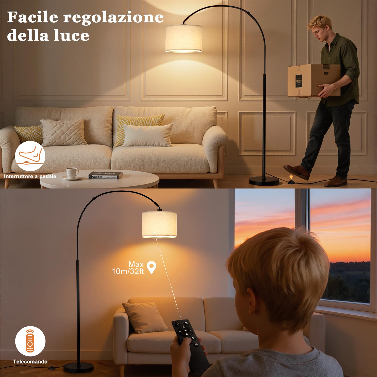 Stehlampe Wohnzimmer Dimmbar Bogenlampe, LED E27 Leselampe mit Fernbedienung 3000K-6000K, Vintage Standing Lamp Standlampe für Schlafzimmer, 350°Drehbarer Lampenkopf, 180cm, Beige