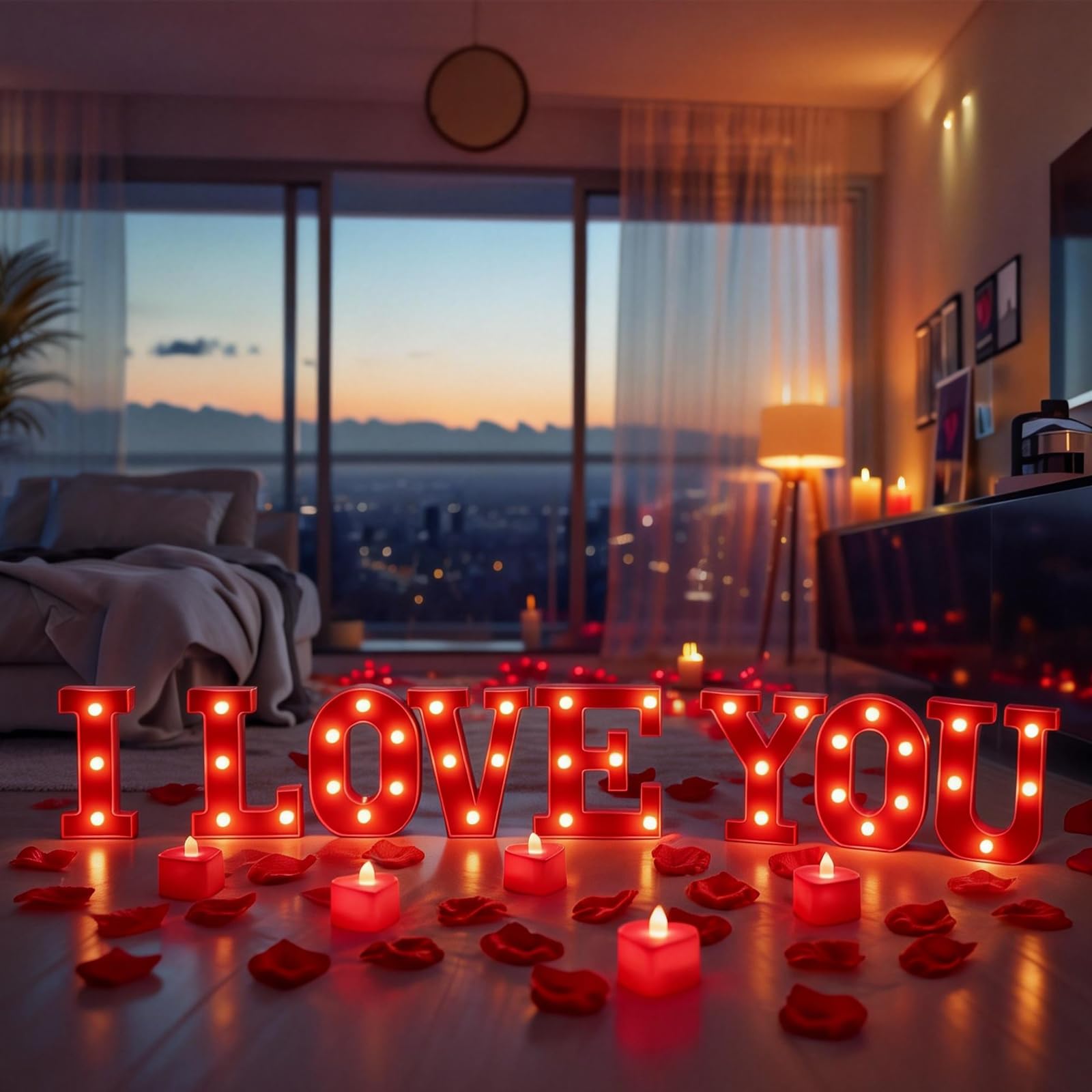 Lettres lumineuses « I Love You » avec 24 bougies LED sans flamme en forme de cœur - 2 000 faux pétales de rose - Décorations romantiques et spéciales pour la Saint-Valentin, un mariage, des