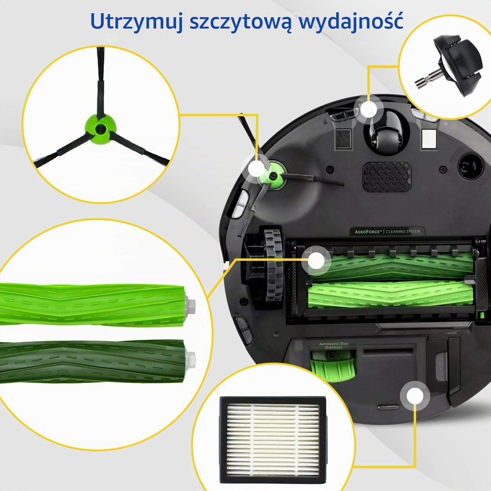 Części zamienne akcesoria do iRobot Roomba seria J J5 J5+ J6 J6+ J7 J7+ J8 J8+ J9 J9+ robot odkurzacz, 1 szczotka główna, 5 czarnych szczotek bocznych, 5 filtrów, 1 przednie koło skrętne