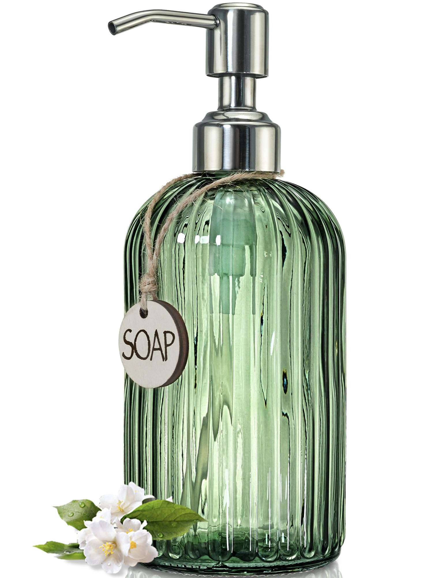 JASAI 18oz Forest Green Glass Soap Dispenser Stainless Steel Pump GB-VT-Forest Green