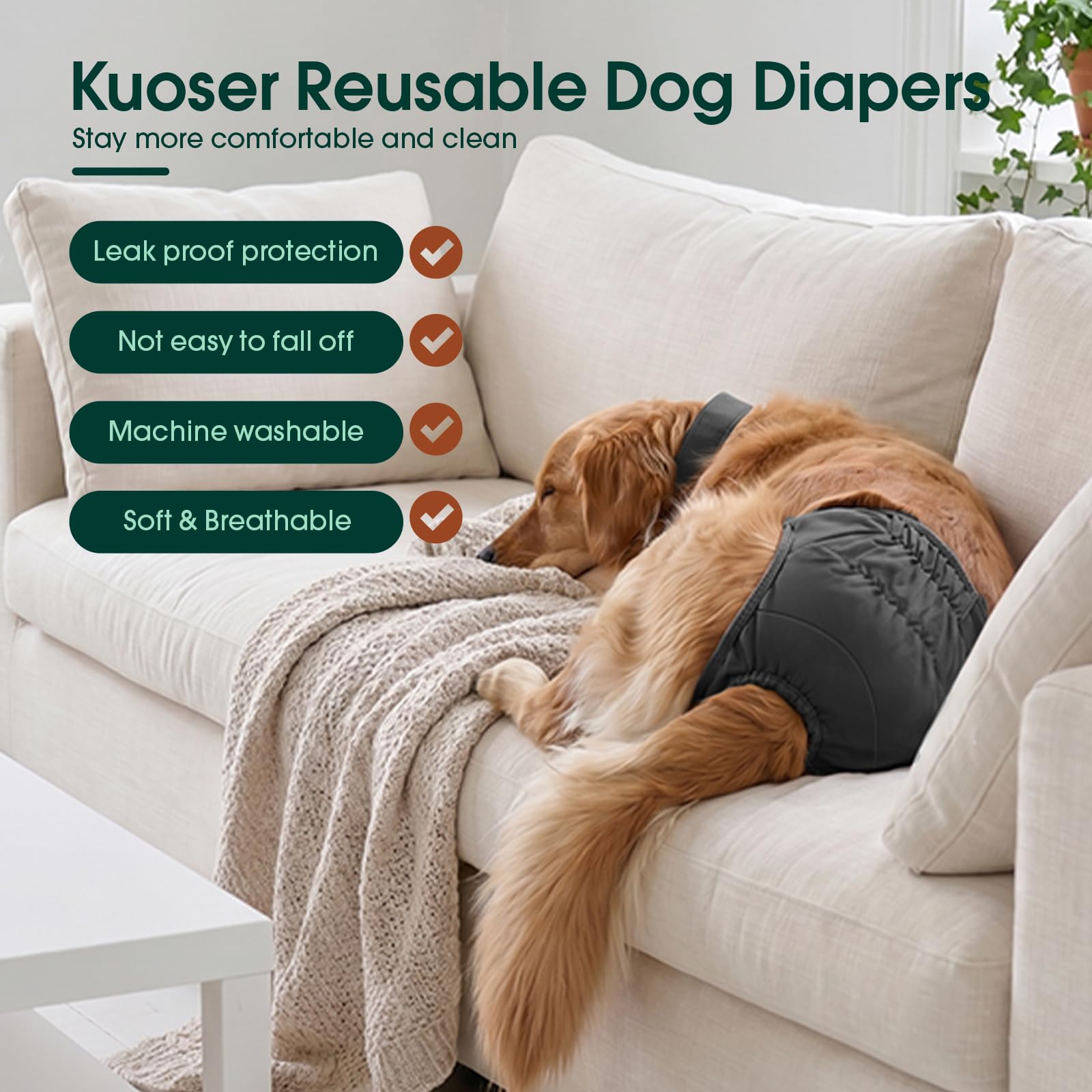 Kuoser Hundewindeln für Hündinnen, Waschbare Windeln für Hunde, Grau XL | Hundewindeln für Hündinnen & Rüden, wiederverwendbare & atmungsaktive Hundewindeln mit verstellbarem Klettverschluss
