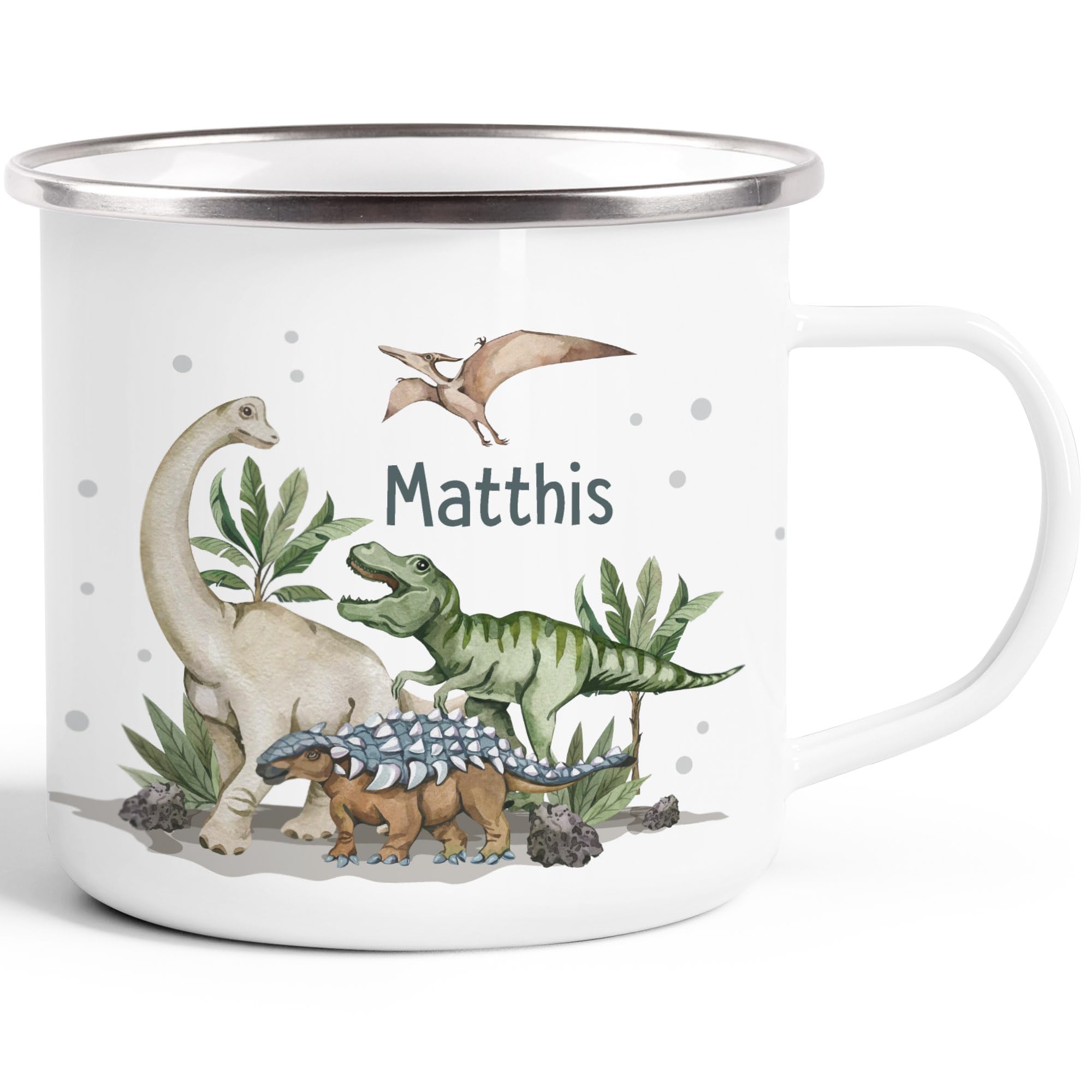SpecialMe® Kinder-Tasse Emaille Dino mit Namen personalisiert Dinosaurier Namenstasse individuelle Geschenke Emaille-weiss-silber standard