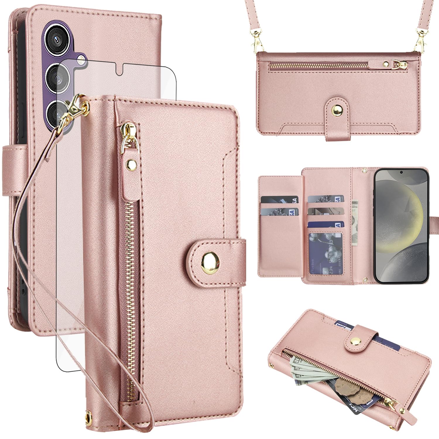 Coque Samsung Galaxy S24 S25 5G anti-chute avec protection écran verre et rangement zippé - 8