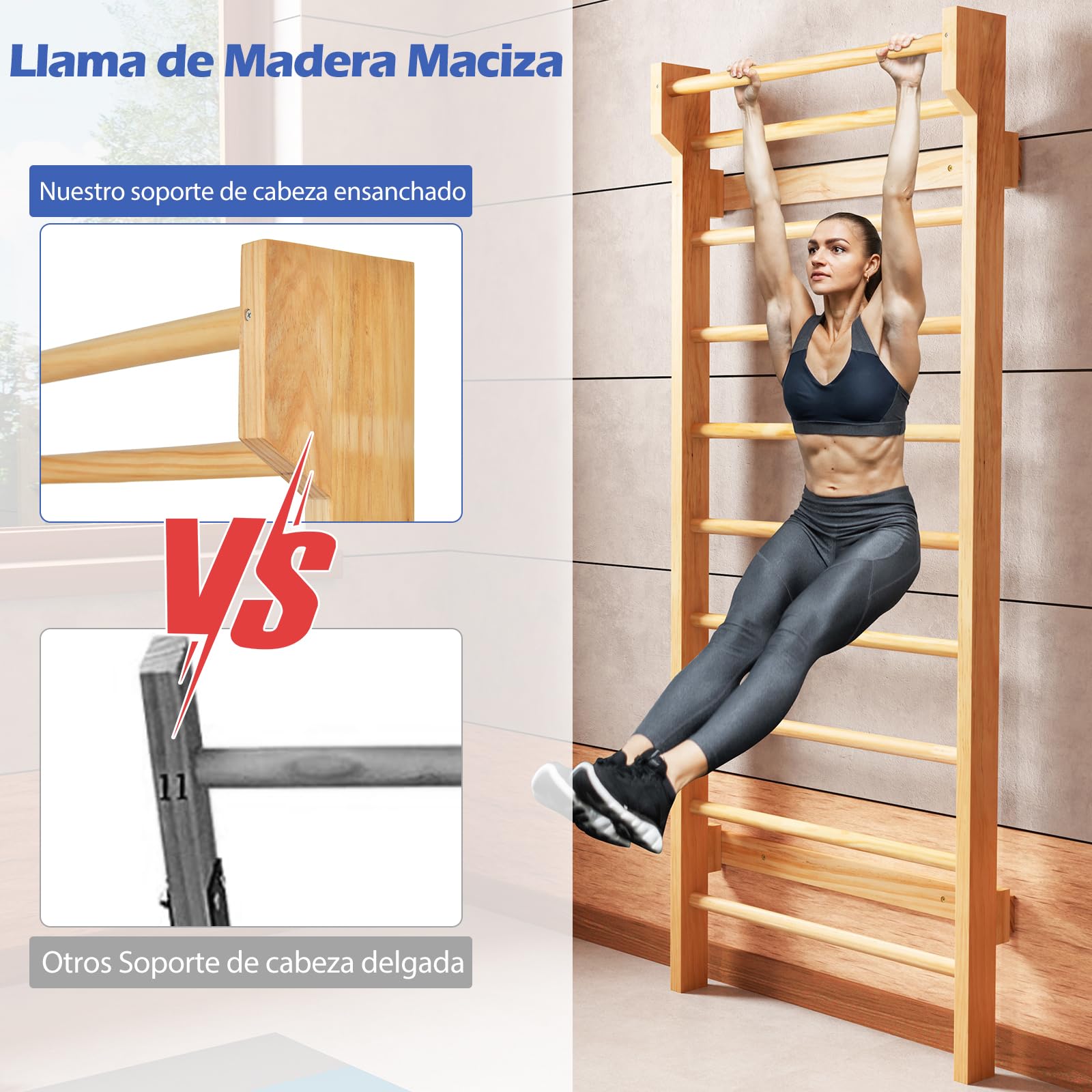 GYMAX Espaldera Gimnasio para Niños y Adultos, Carga de hasta 100 kg, 195 x 80 x 14 cm, Escalera Sueca con 10 Barras, Espaldera de Madera de Pino para Gimnasia, Fitness