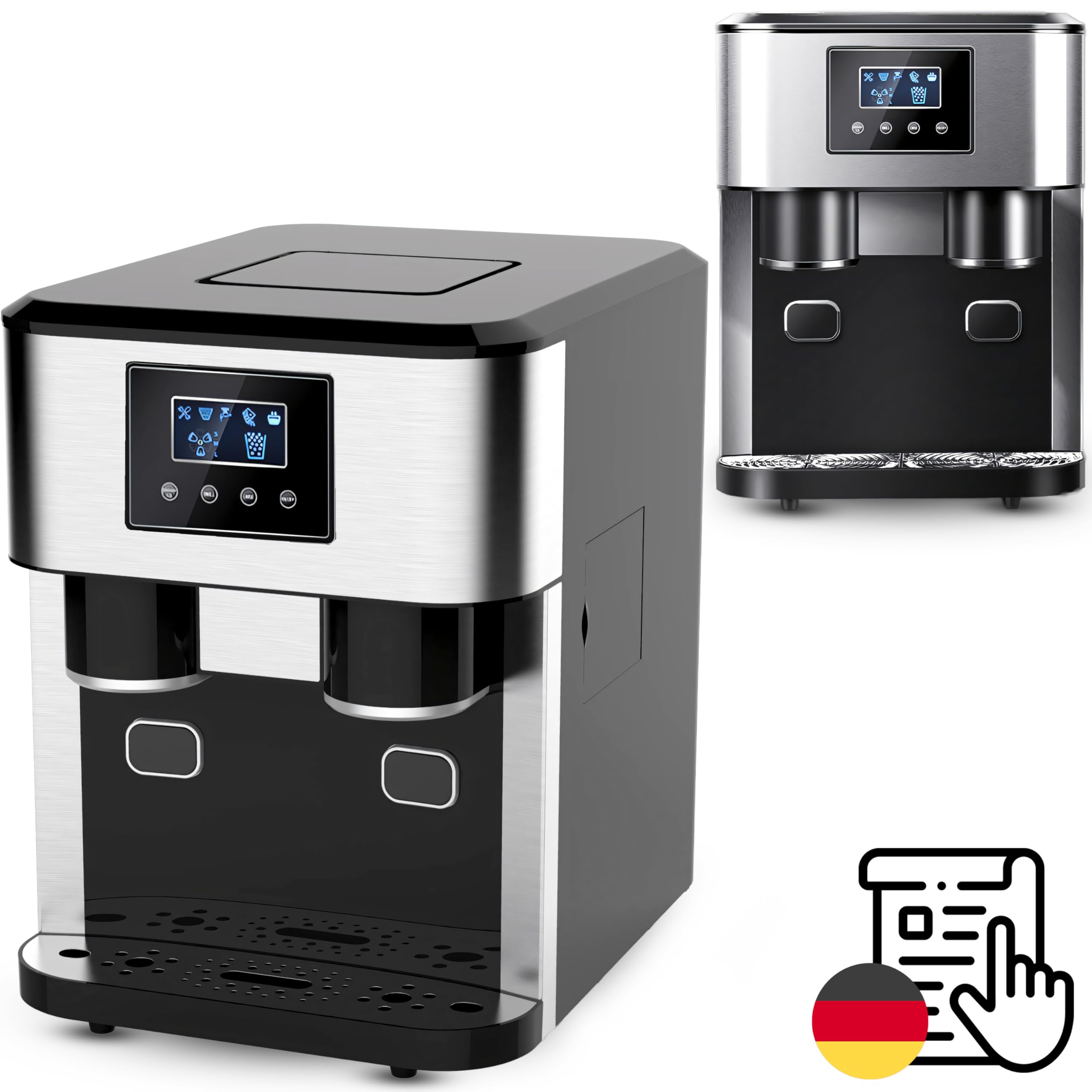 Retoo Premium 3 in 1 Eiswürfelmaschine mit Crushed Ice & Wasserspender, 18kg/24h, 16 Eiswürfel in 8–10 Min, Ice Maker für Cocktails, Whisky & Zuhause, Touchpanel, 2 Eisgrößen