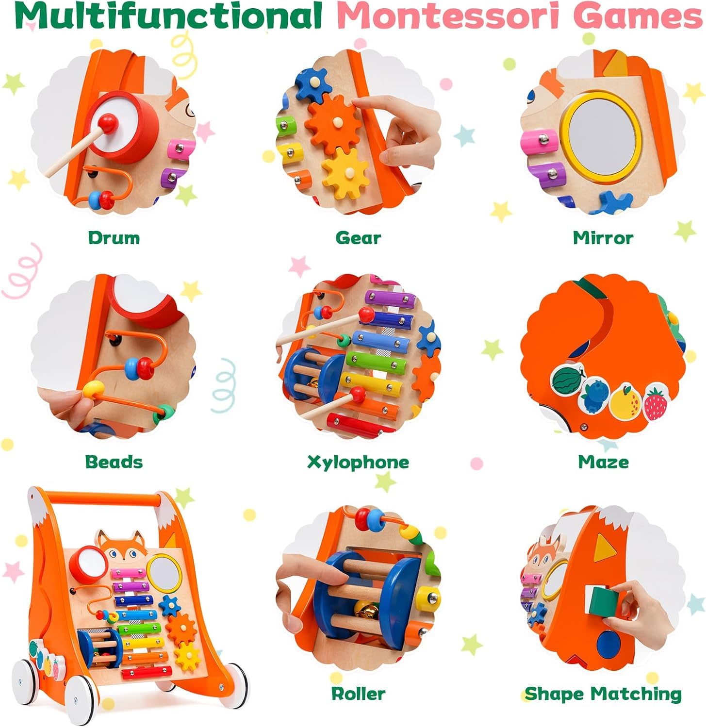 Trotteur Bébé,Chariot de Marche en wood ouet Enfant 1 an-Jouet en Bois avec Musique et trieur de Formes,Jouet Multifonction Montessori,Chariot de Marche en Bois,Cadeau pour Garçons et Filles