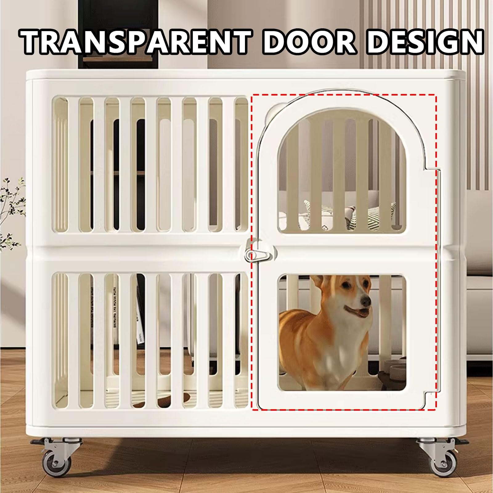 Gabbia per cani portatile di medie dimensioni con materiale in resina, ruote girevoli con freni, serratura della porta e porta trasparente per un facile accesso e conservazione superiore