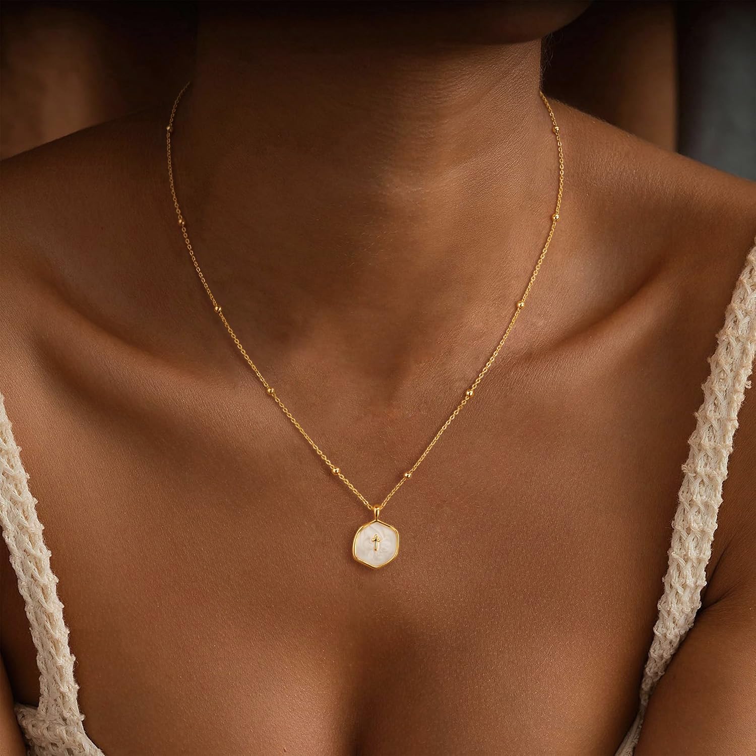 Cross Necklace for Women Dainty 14K Gold Plated Round Disc Pendant image 2