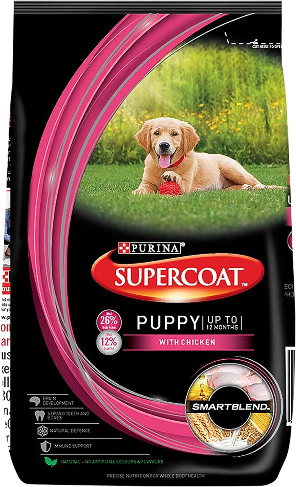 - SUPERCOAT Puppy Dry Dog Food, Up to 12 Months, with Chicken, Smartblend Precise Nutrition for Whole Body Health, No Artificial Colours & Flavours, 2.5 kg