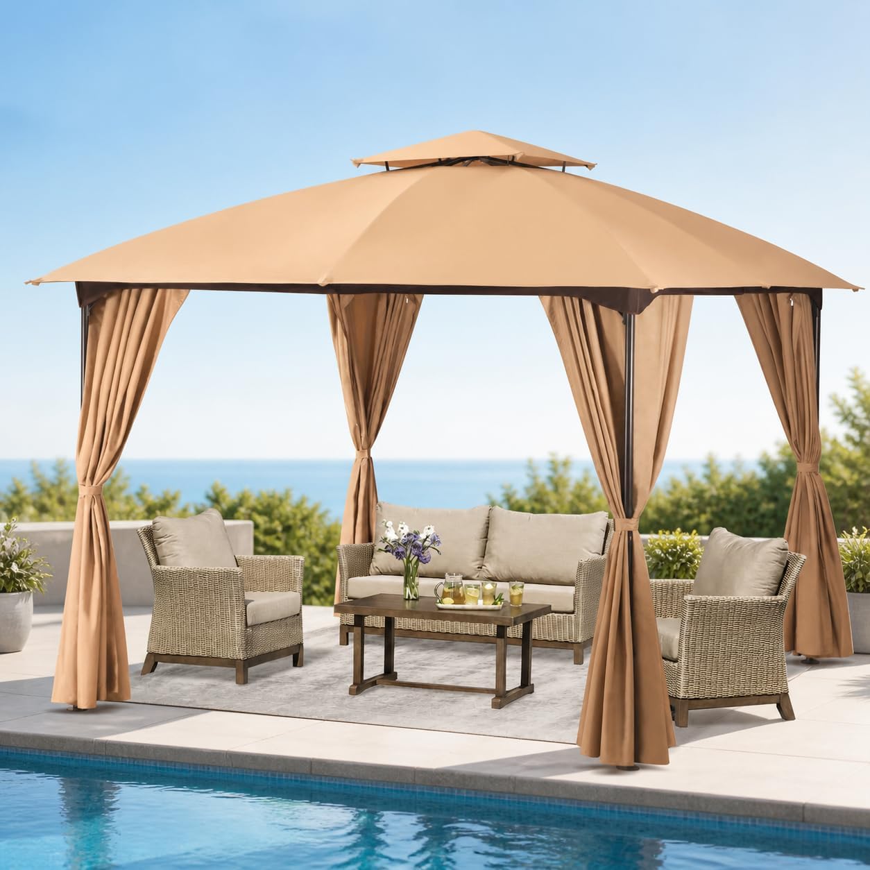 LAUSAINT HOME 10x10 Patio Gazebo Canopy Tent, Outdoor Party Shelter with Curtains, Expansion Bolts & Wind-Resistant Ropes, Heavy Duty Gazebo for Backyard, Garden, Lawn, Patio – Khaki