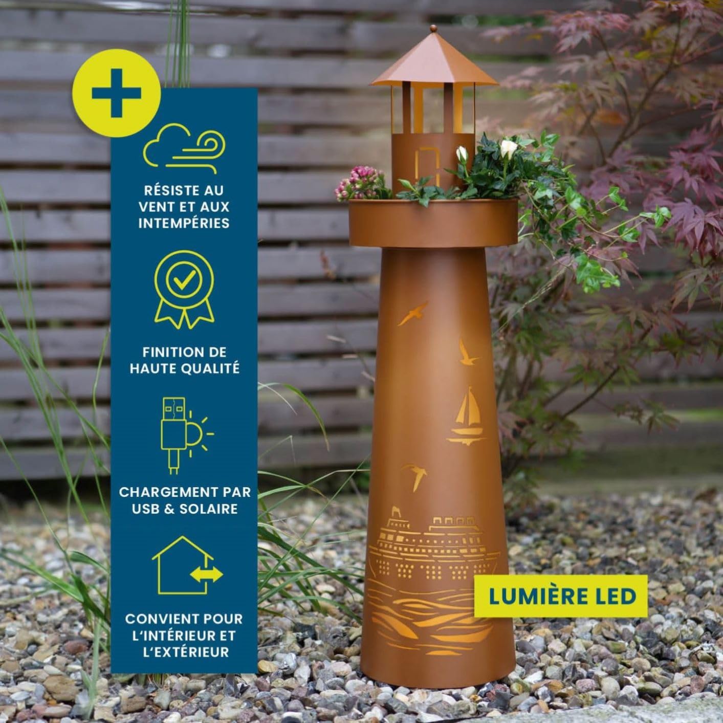 Hoberg Colonne de plantes LED | Design phare | Aspect rouille | Convient pour l'intérieur et l'extérieur | Eclairage LED | Minuterie 6h | Sans fil | Avec bac à plantes | Hauteur env. 80cm