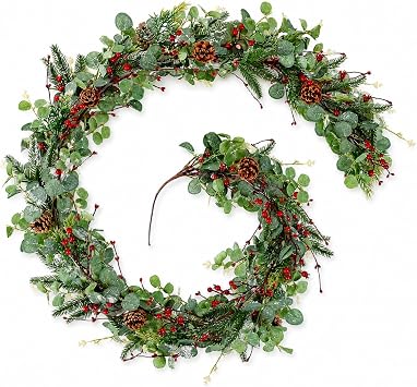 6.5 Ft Christmas Eucalyptus Garland Artificial Greenery Cedar Cypress Vine Garland Realistic Red Berries Pinecones Garlands for Christmas Holiday Mantle Fireplace Winter Farmhouse Home Decoration