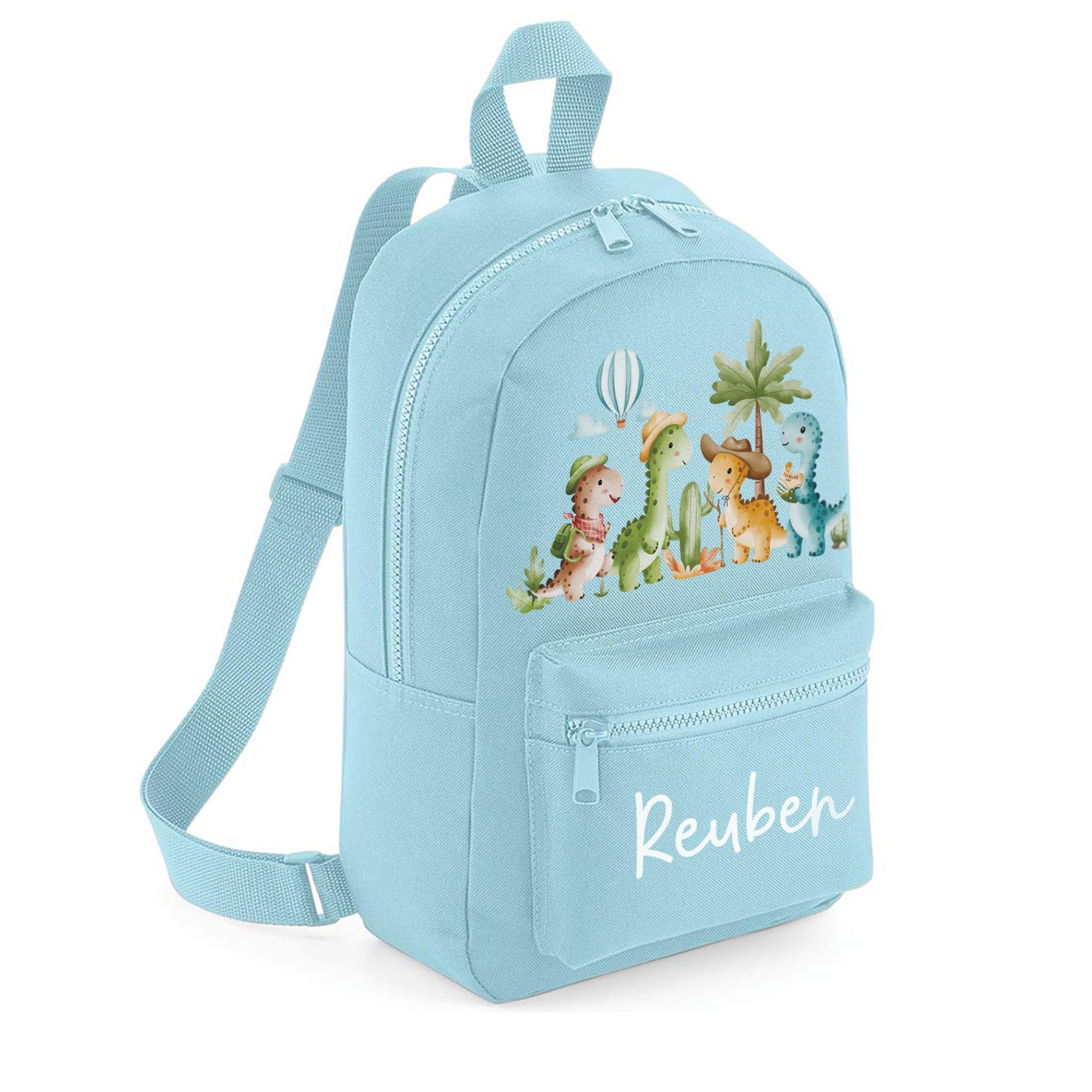 A1 Graphics Ltd Personalised Dinosaur Kids Backpack Custom with Name Choice of Colours Dino School Bag with Adjustable Straps for Children & Toddlers (Powder Blue)