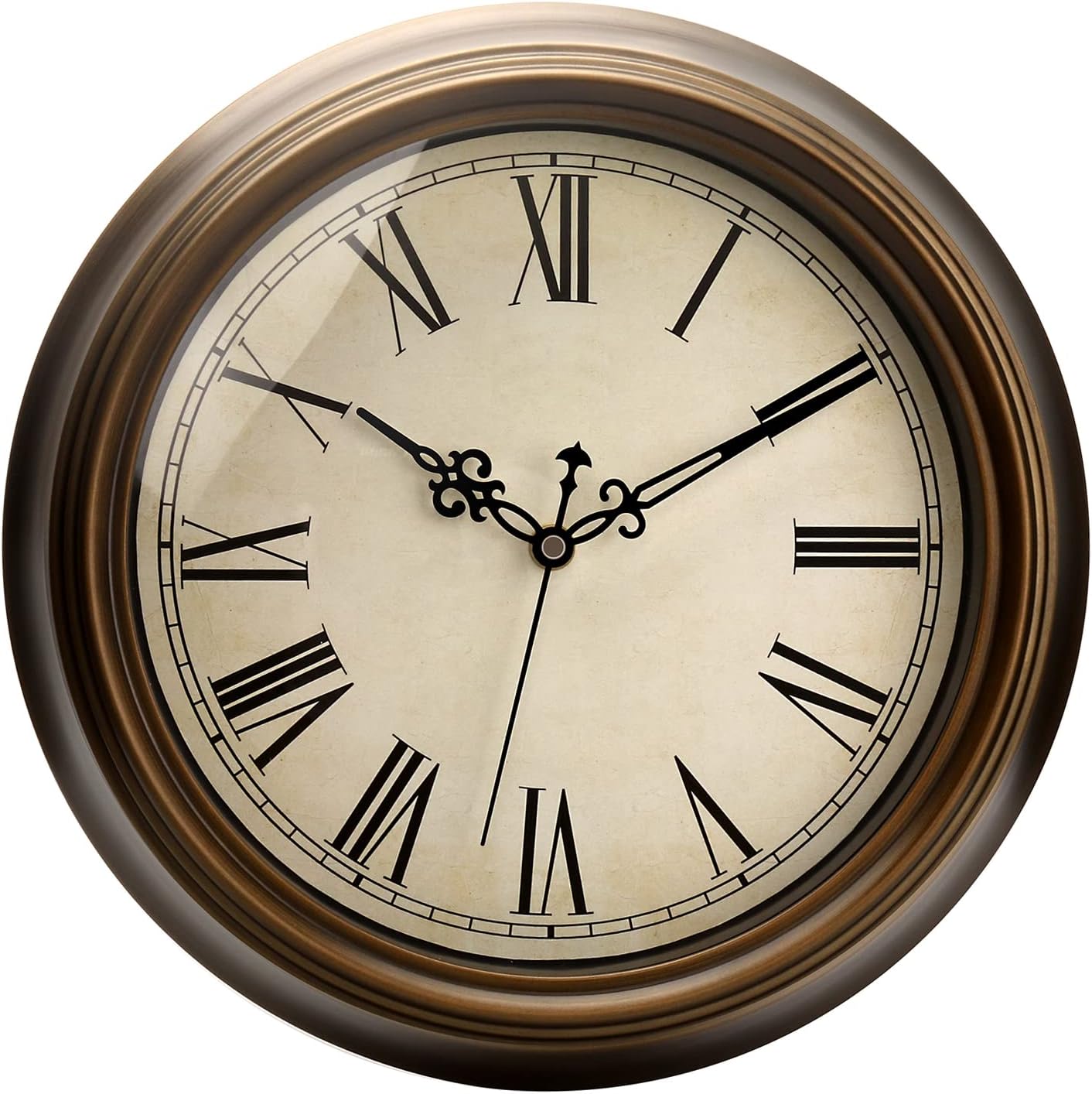 Plumeet Large Metal Wall Clock, 13'' Non Ticking Classic Retro Silent Iron Clocks Decorative Kitchen Living Room Bedroom, Roman Numerals, Battery Operated(Brown)