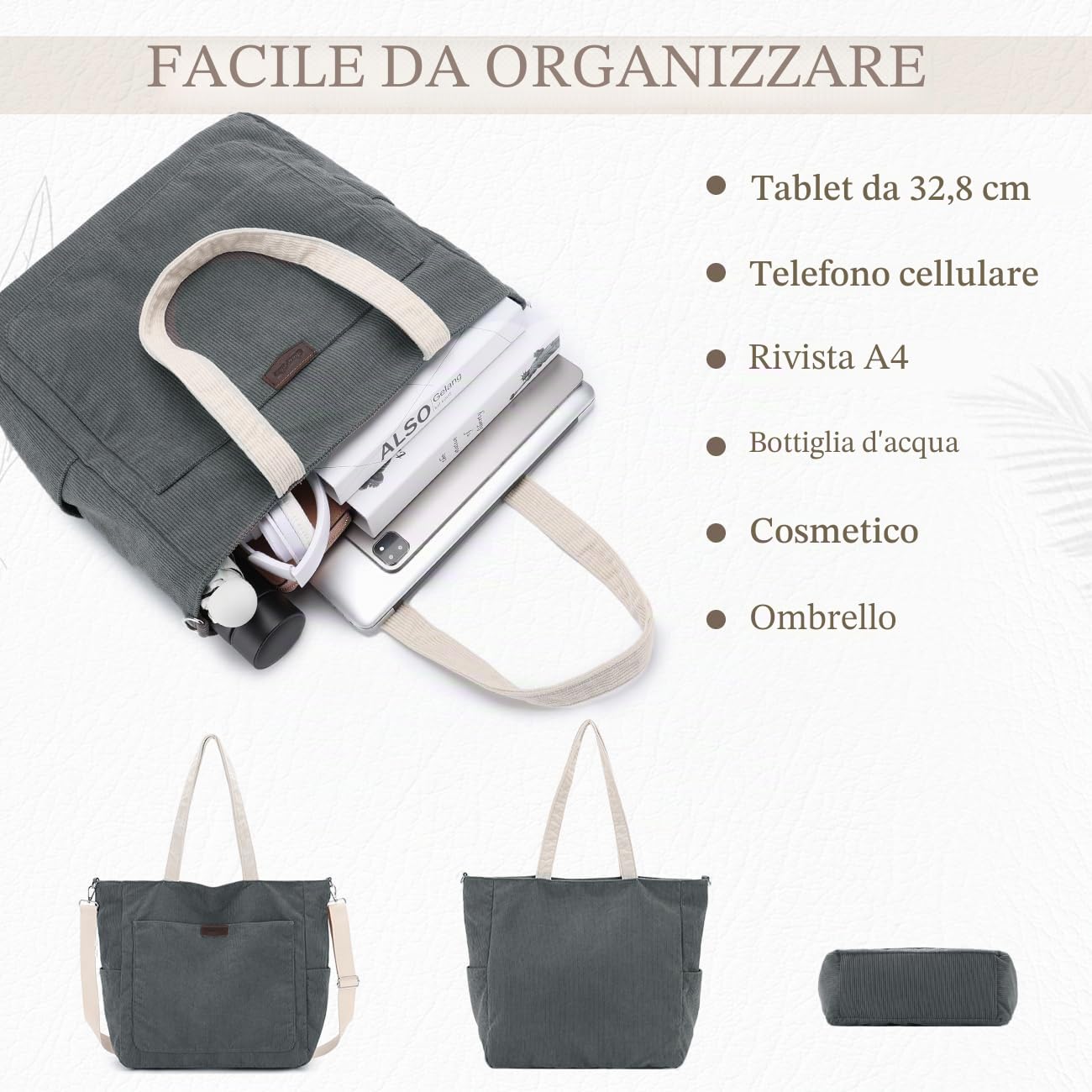 Chase Chic Tote Bag Università, Grande Borsa Tote in Velluto a Coste Casual Borsette Tracolla Spalla Shopper Donna per Viaggi
